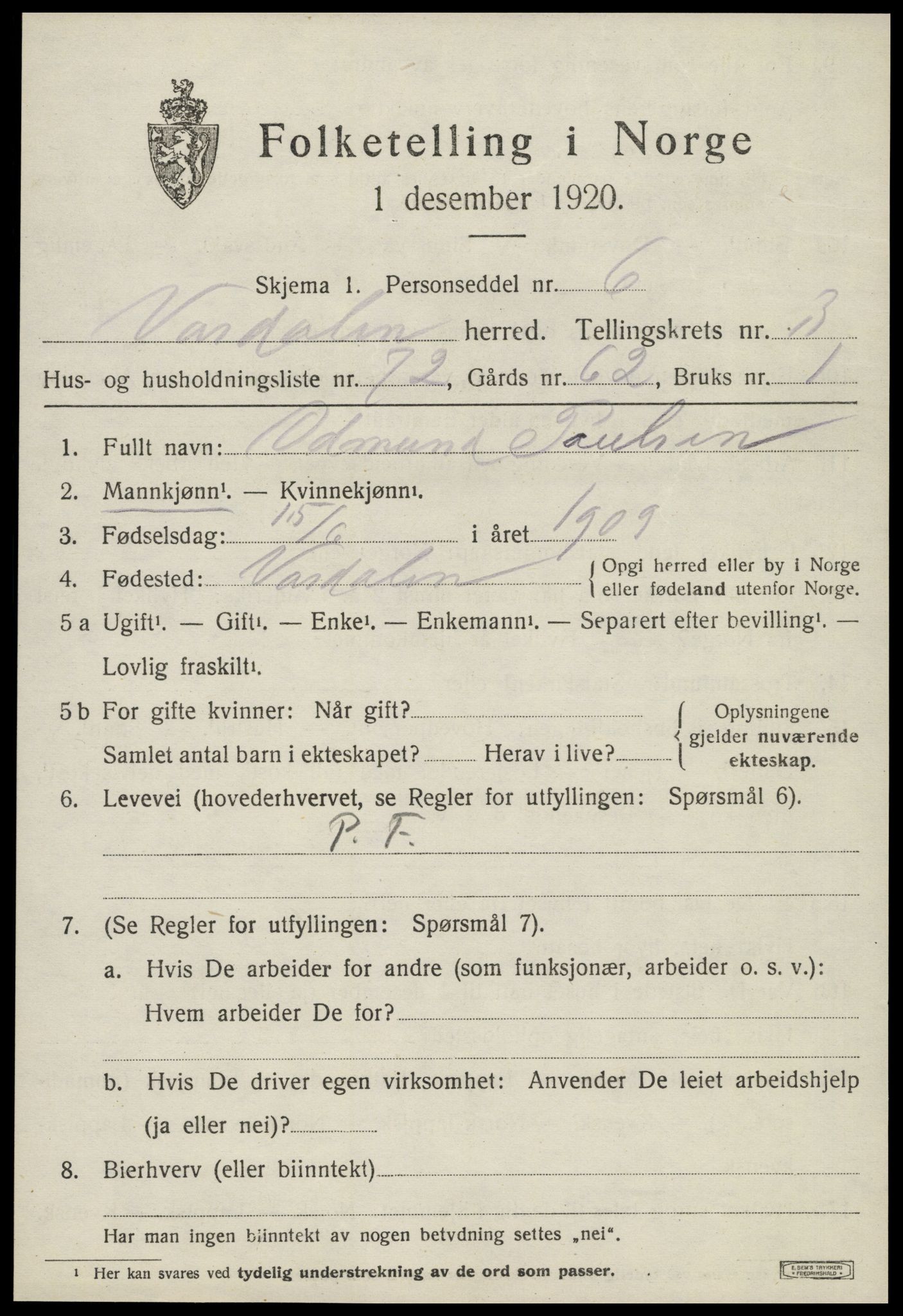 SAT, 1920 census for Verdal, 1920, p. 7573