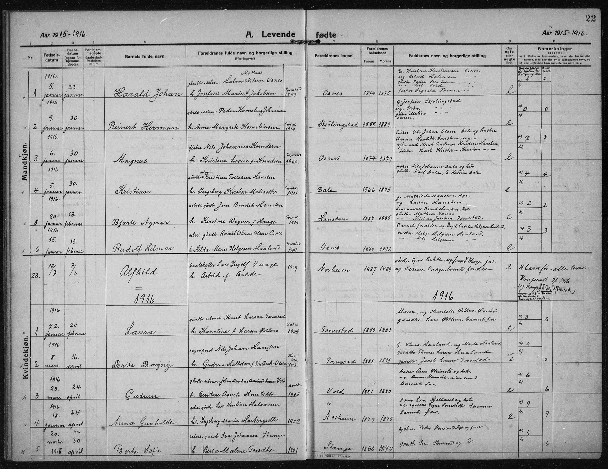 Torvastad sokneprestkontor, SAST/A -101857/H/Ha/Haa/L0019: Parish register (official) no. A 18, 1912-1920, p. 22