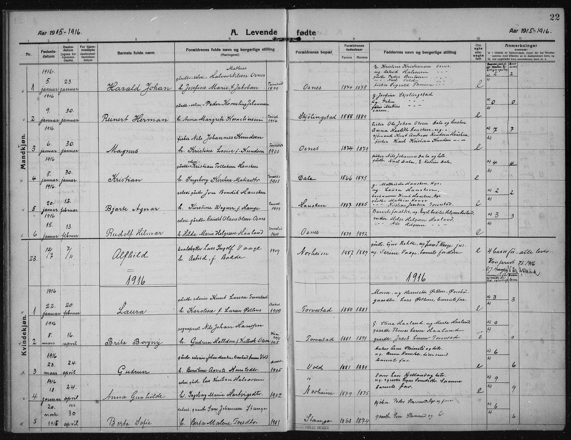 Torvastad sokneprestkontor, AV/SAST-A -101857/H/Ha/Haa/L0019: Parish register (official) no. A 18, 1912-1920, p. 22