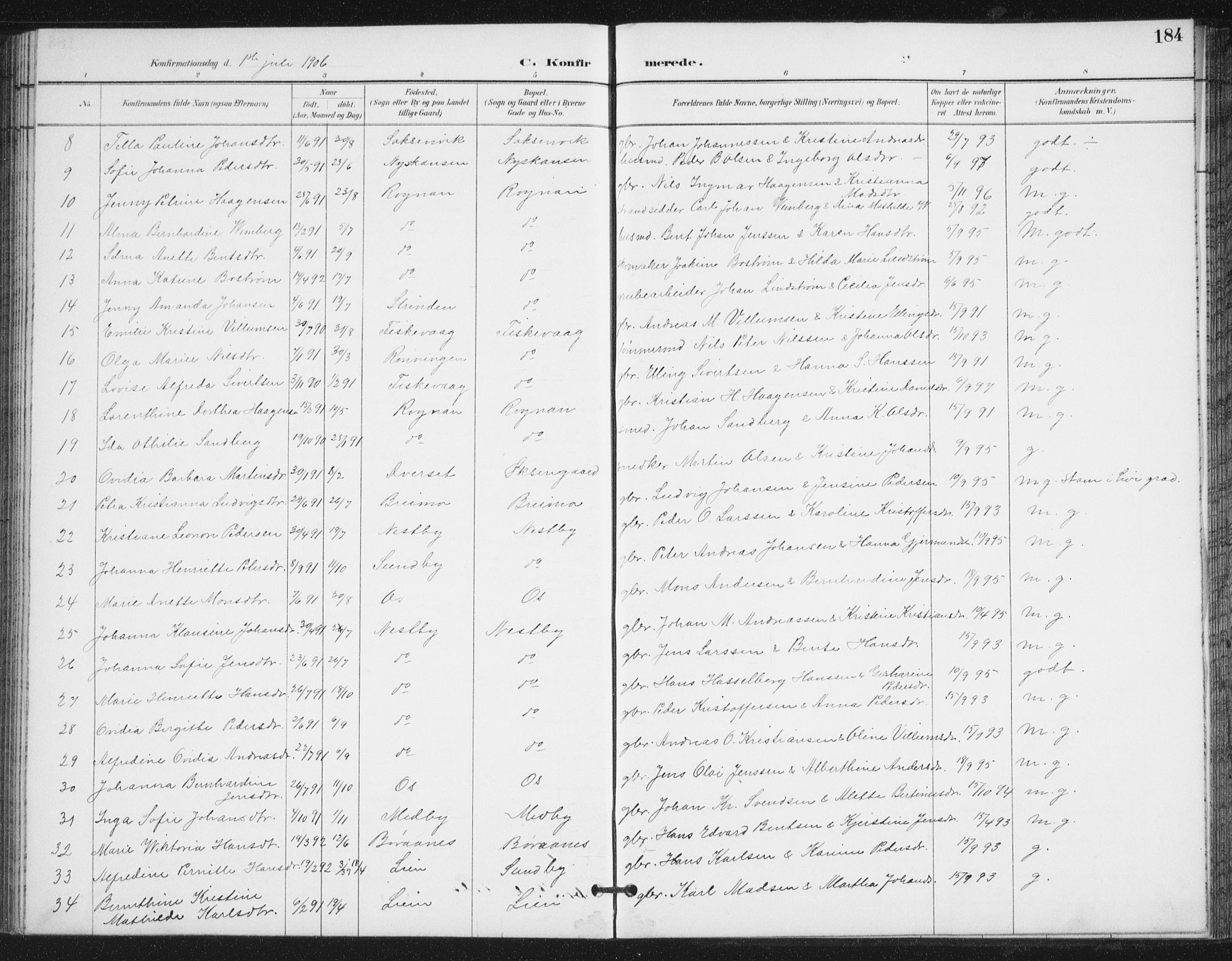 Ministerialprotokoller, klokkerbøker og fødselsregistre - Nordland, AV/SAT-A-1459/847/L0682: Parish register (copy) no. 847C10, 1889-1907, p. 184