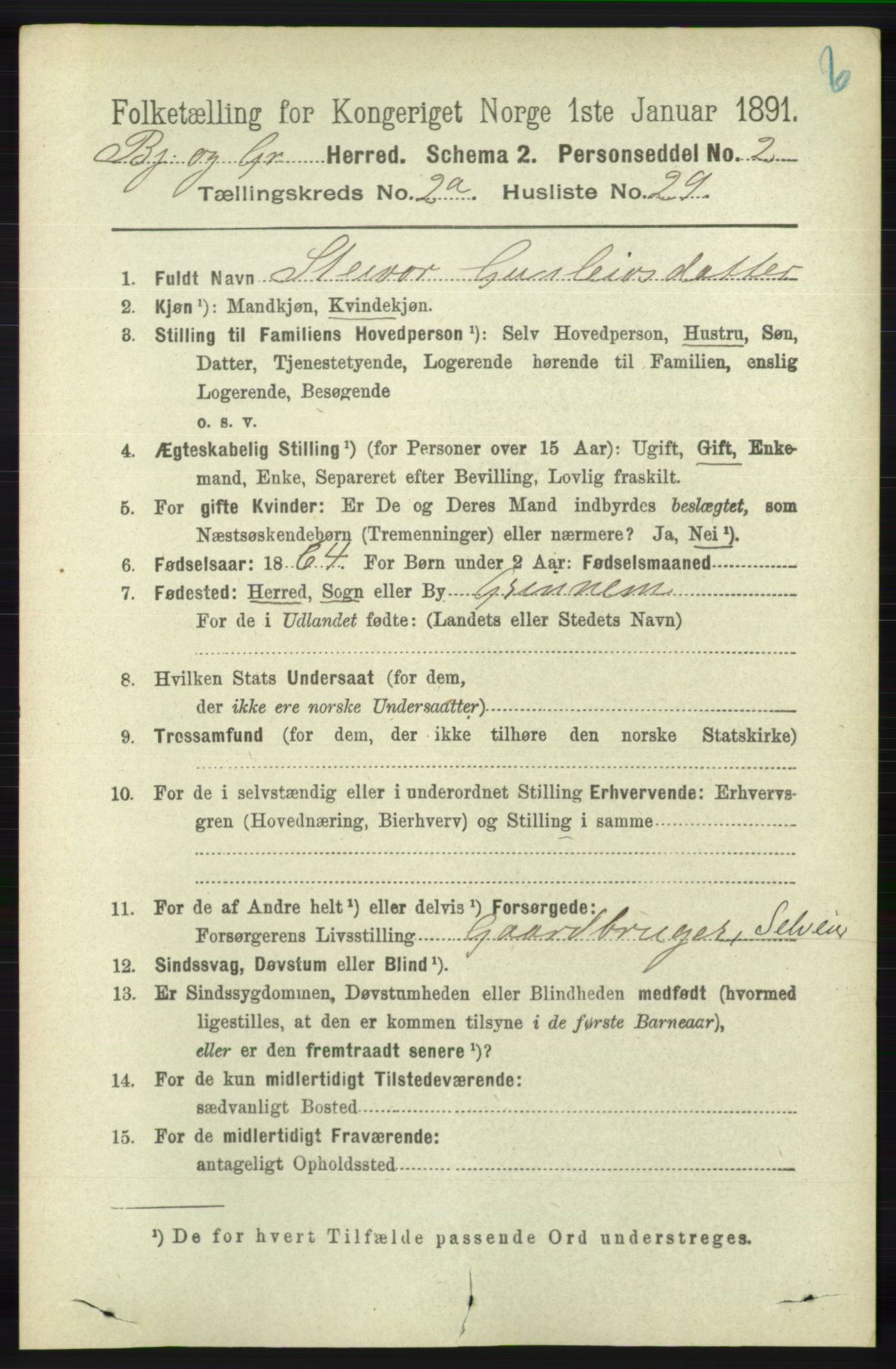 RA, 1891 census for 1024 Bjelland og Grindheim, 1891, p. 482