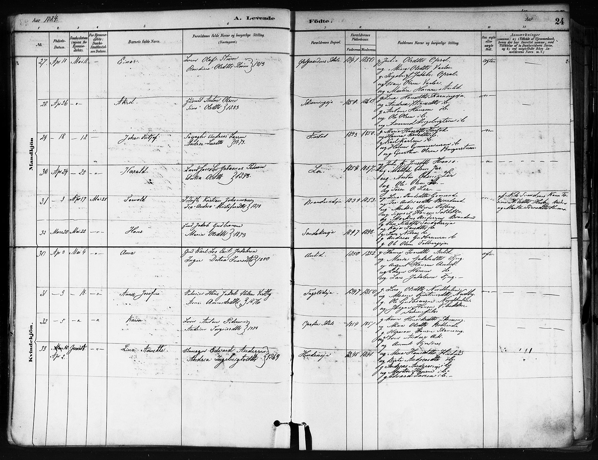 Nes prestekontor Kirkebøker, AV/SAO-A-10410/F/Fa/L0010: Parish register (official) no. I 10, 1883-1898, p. 24