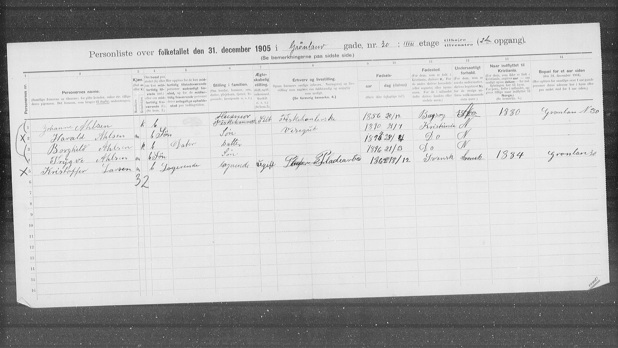 OBA, Municipal Census 1905 for Kristiania, 1905, p. 16465