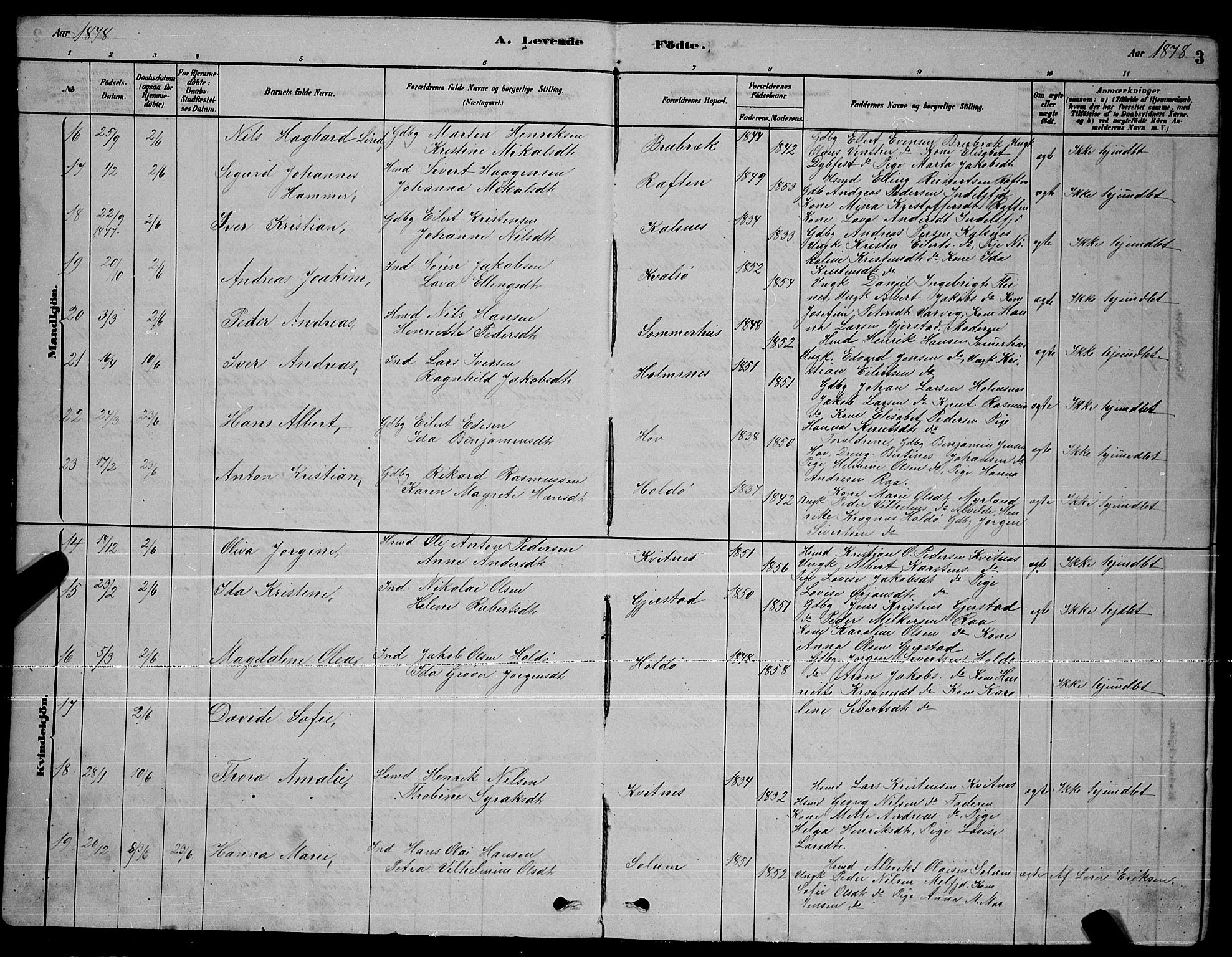 Ministerialprotokoller, klokkerbøker og fødselsregistre - Nordland, AV/SAT-A-1459/888/L1267: Parish register (copy) no. 888C05, 1878-1890, p. 3