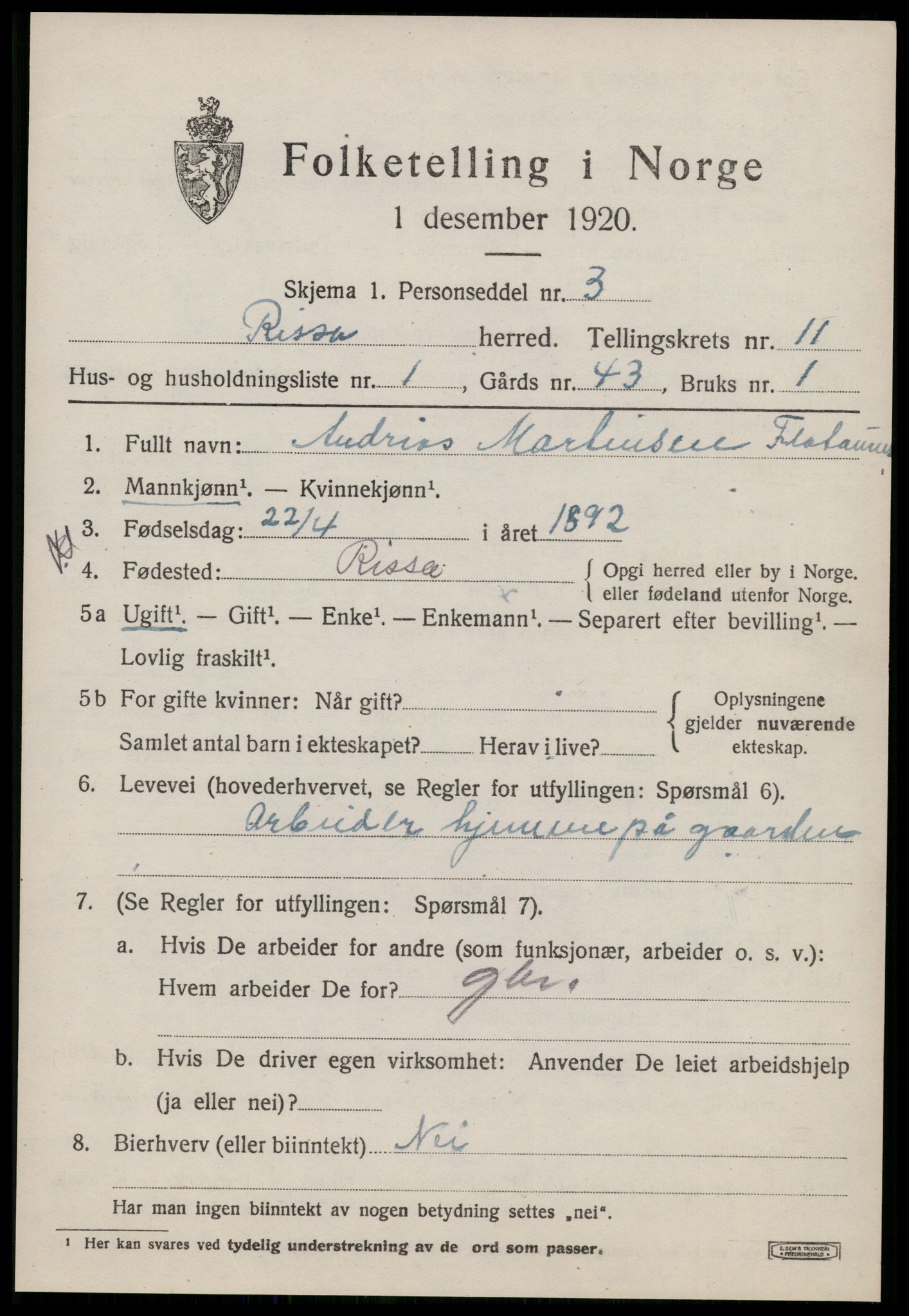 SAT, 1920 census for Rissa, 1920, p. 6981