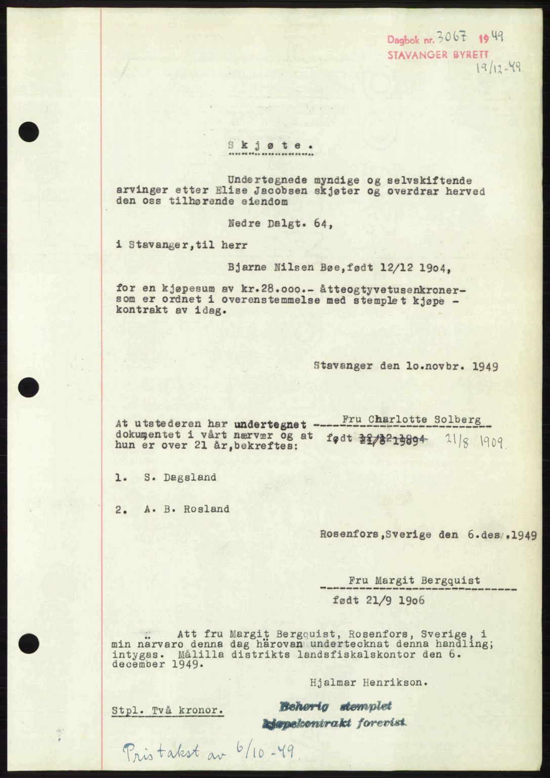 Stavanger byrett, SAST/A-100455/002/G/Gb/L0024: Mortgage book no. A13, 1949-1950, Diary no: : 3067/1949