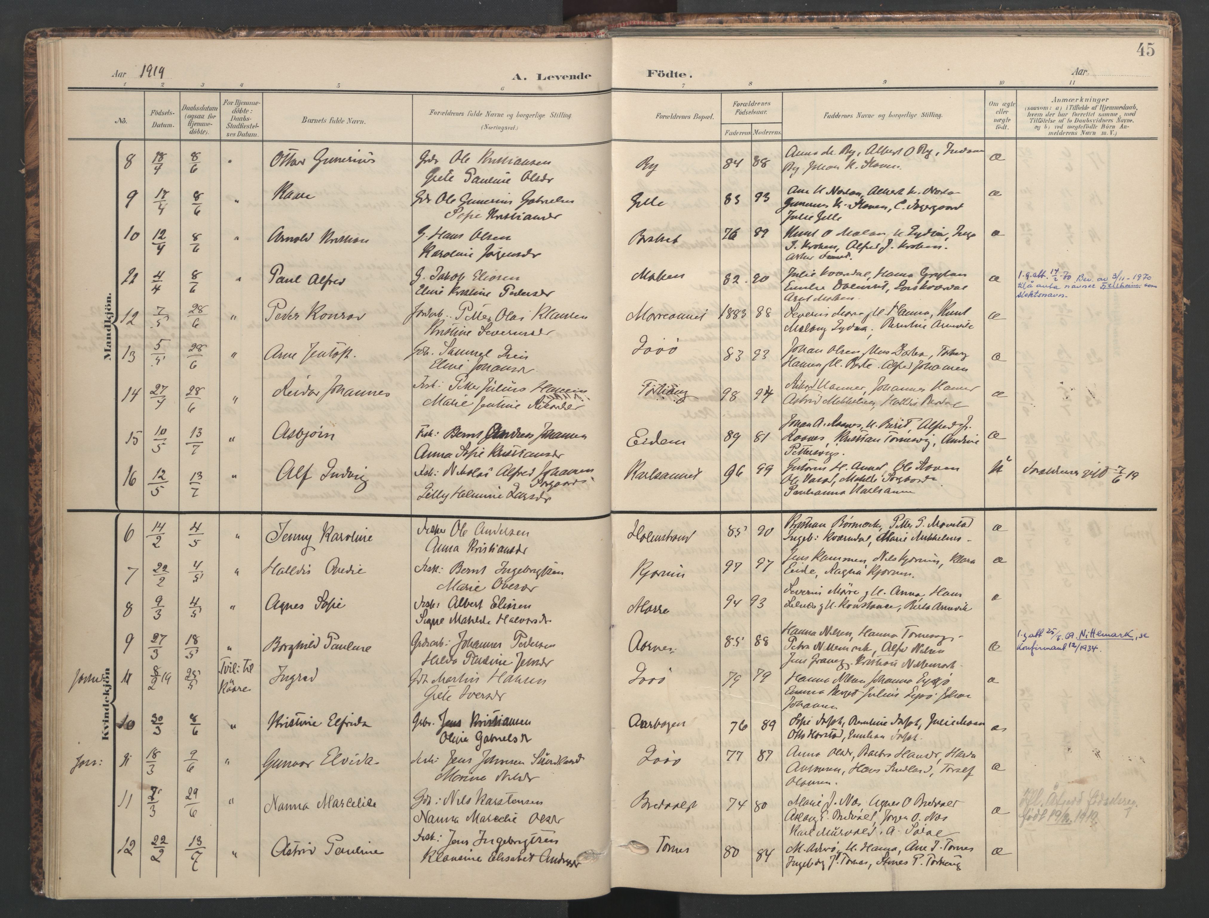Ministerialprotokoller, klokkerbøker og fødselsregistre - Sør-Trøndelag, SAT/A-1456/655/L0682: Parish register (official) no. 655A11, 1908-1922, p. 45