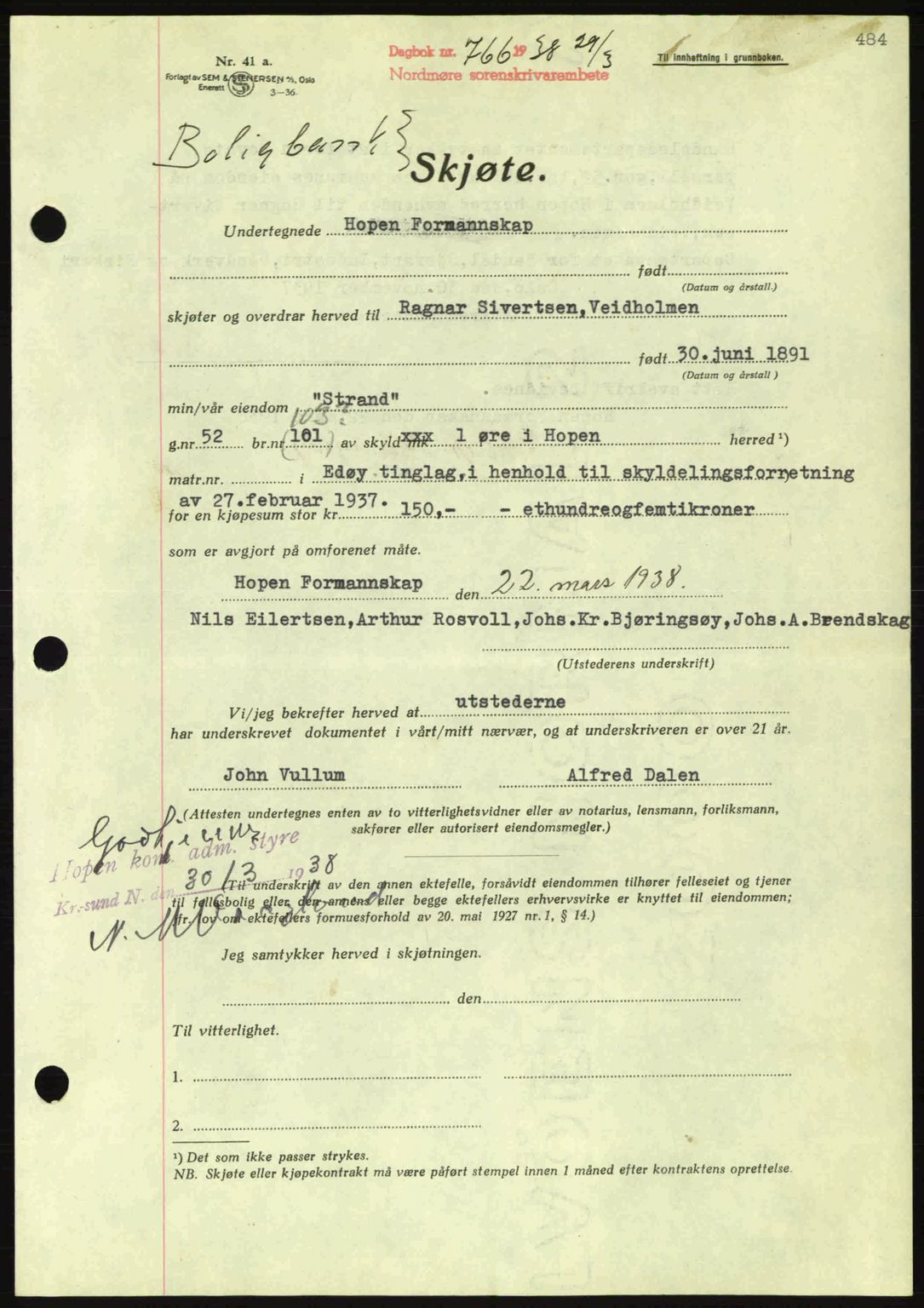 Nordmøre sorenskriveri, AV/SAT-A-4132/1/2/2Ca: Mortgage book no. A83, 1938-1938, Diary no: : 766/1938