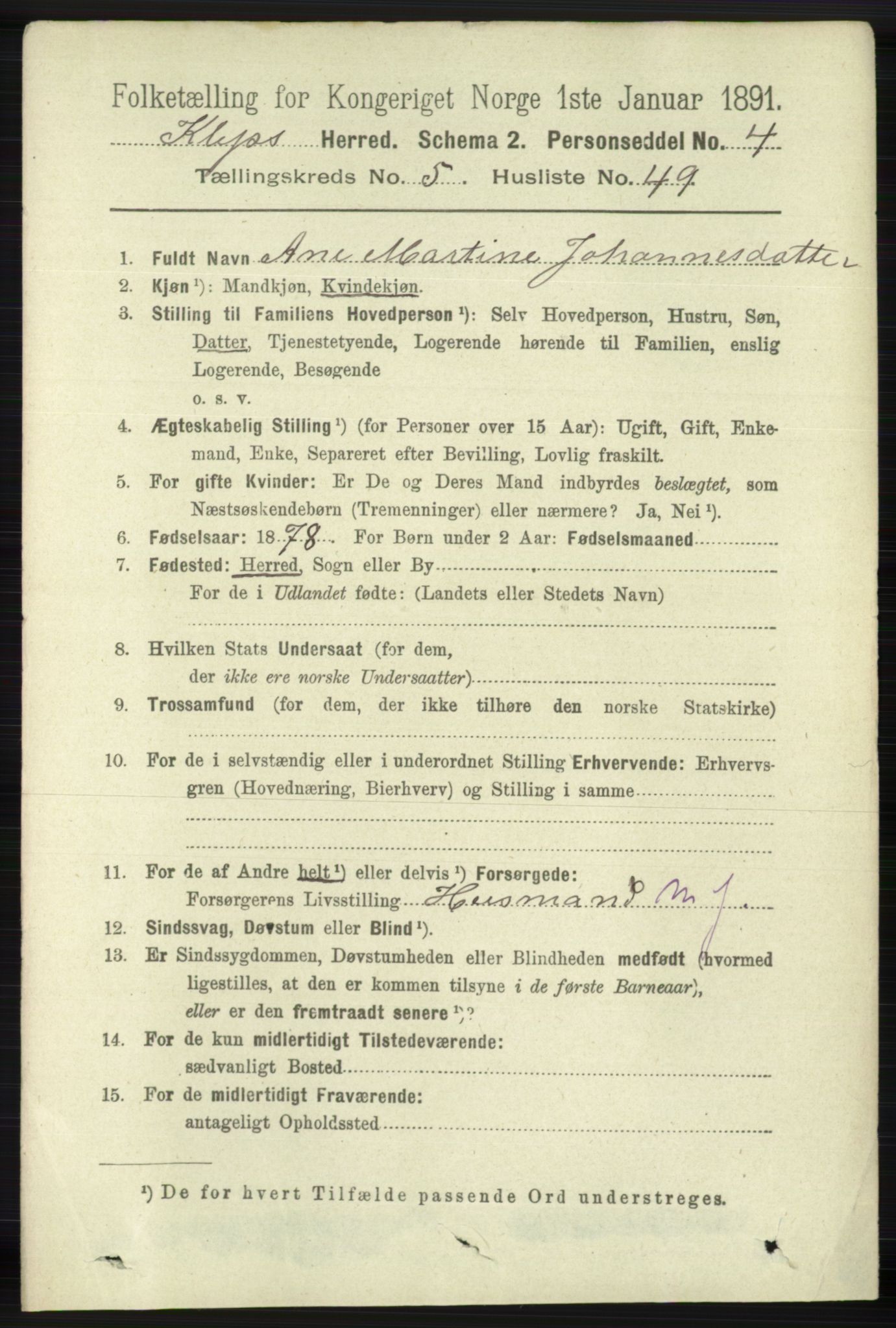 RA, 1891 census for 1120 Klepp, 1891, p. 1657