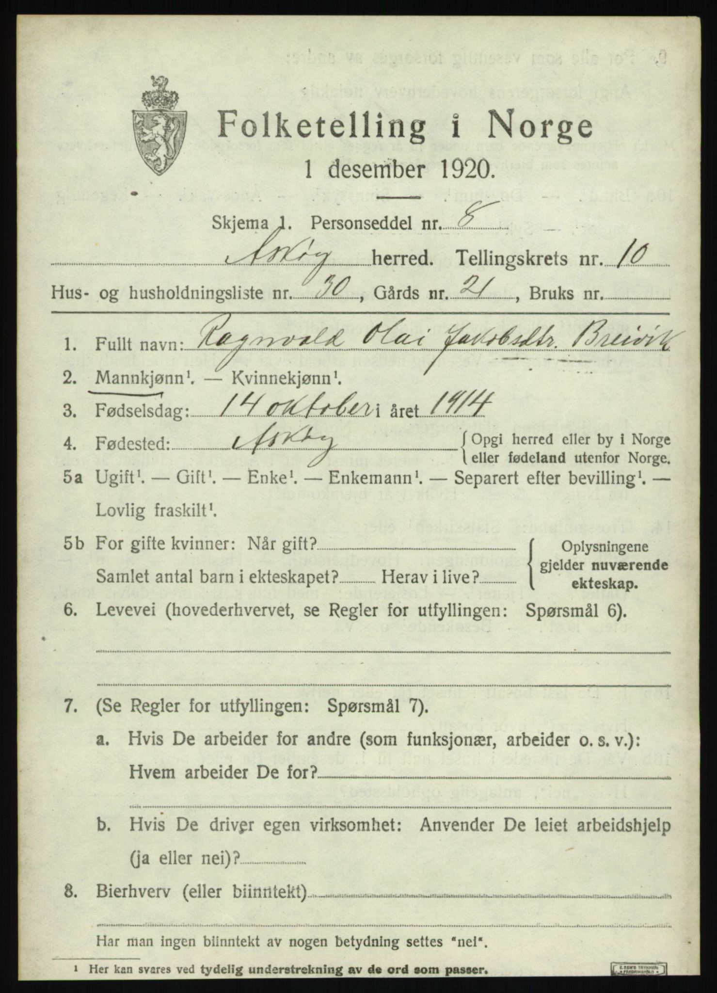 SAB, 1920 census for Askøy, 1920, p. 13182