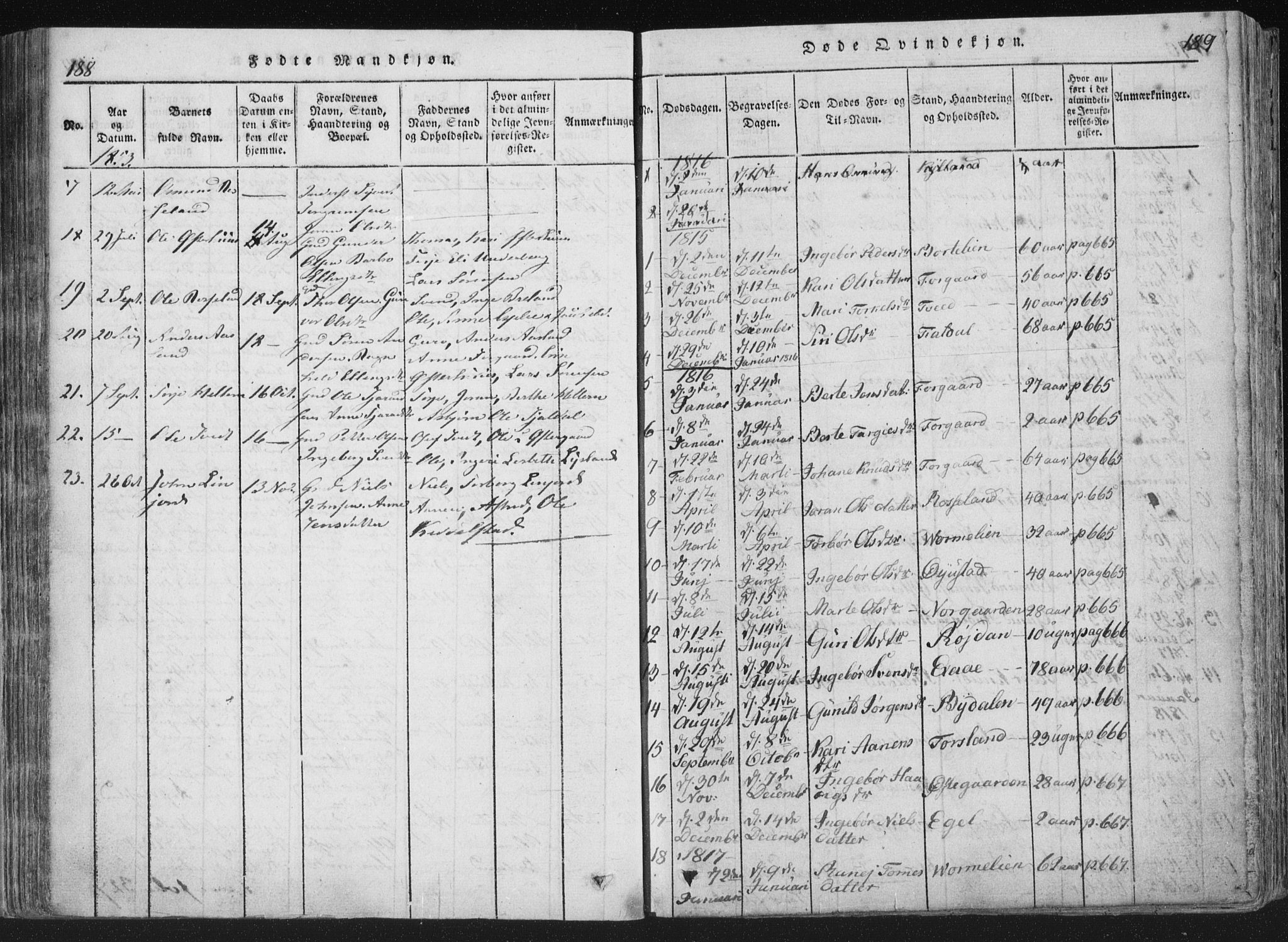 Åseral sokneprestkontor, SAK/1111-0051/F/Fa/L0001: Parish register (official) no. A 1, 1815-1853, p. 188-189
