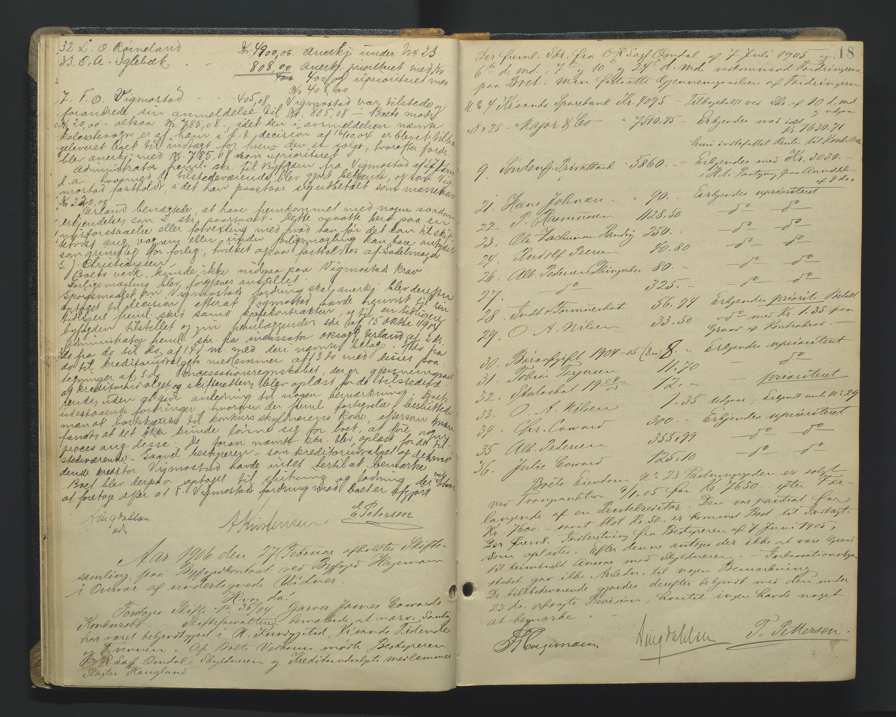 Kristiansand byrett, AV/SAK-1223-0001/H/Hc/L0048: Skifteforhandlingsprotokoll nr. 8, med register, 1905-1913, p. 18