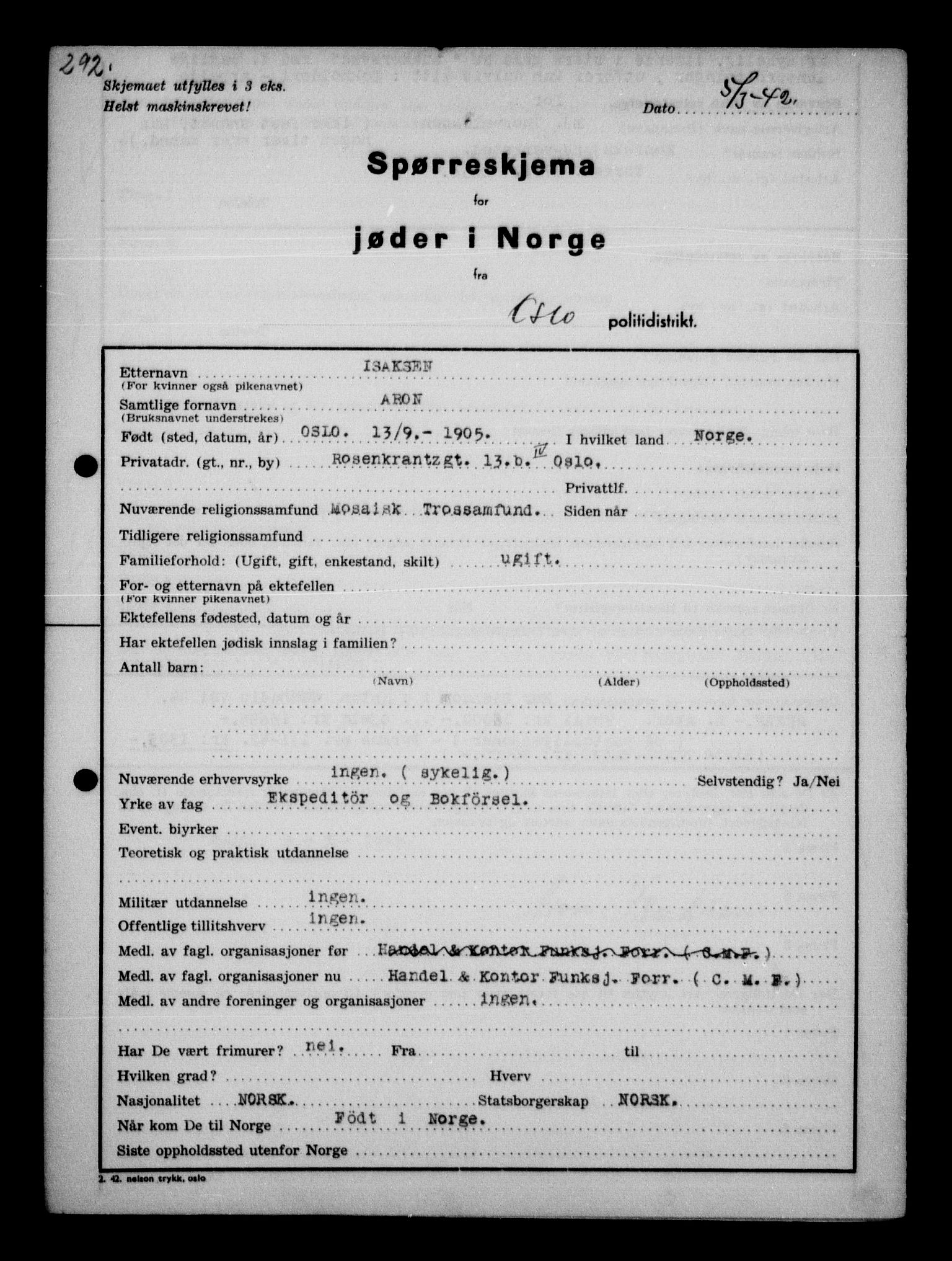 Statspolitiet - Hovedkontoret / Osloavdelingen, AV/RA-S-1329/G/Ga/L0010: Spørreskjema for jøder i Norge, Oslo Hansen-Pintzow, 1942, p. 90