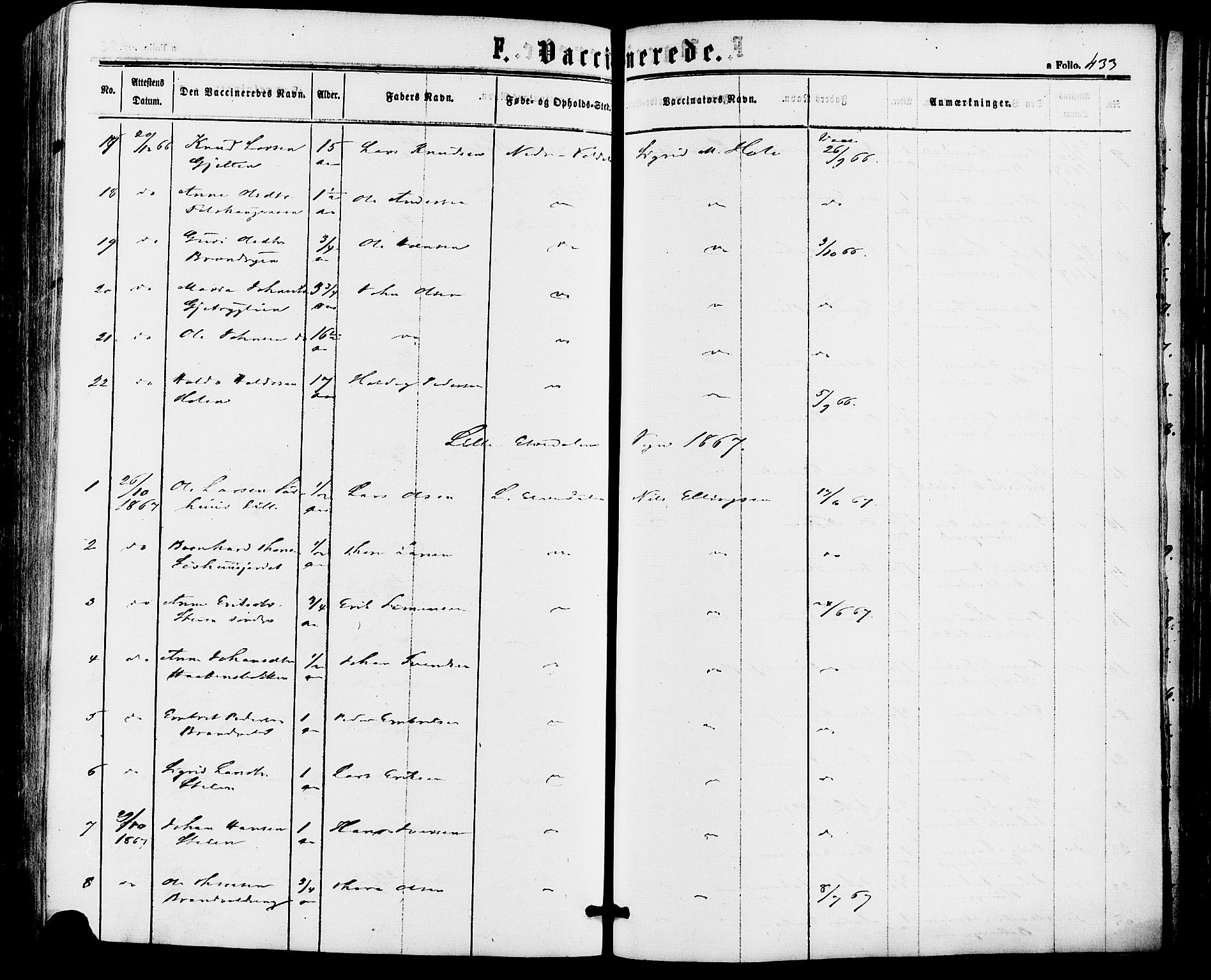 Alvdal prestekontor, SAH/PREST-060/H/Ha/Haa/L0001: Parish register (official) no. 1, 1863-1882, p. 433