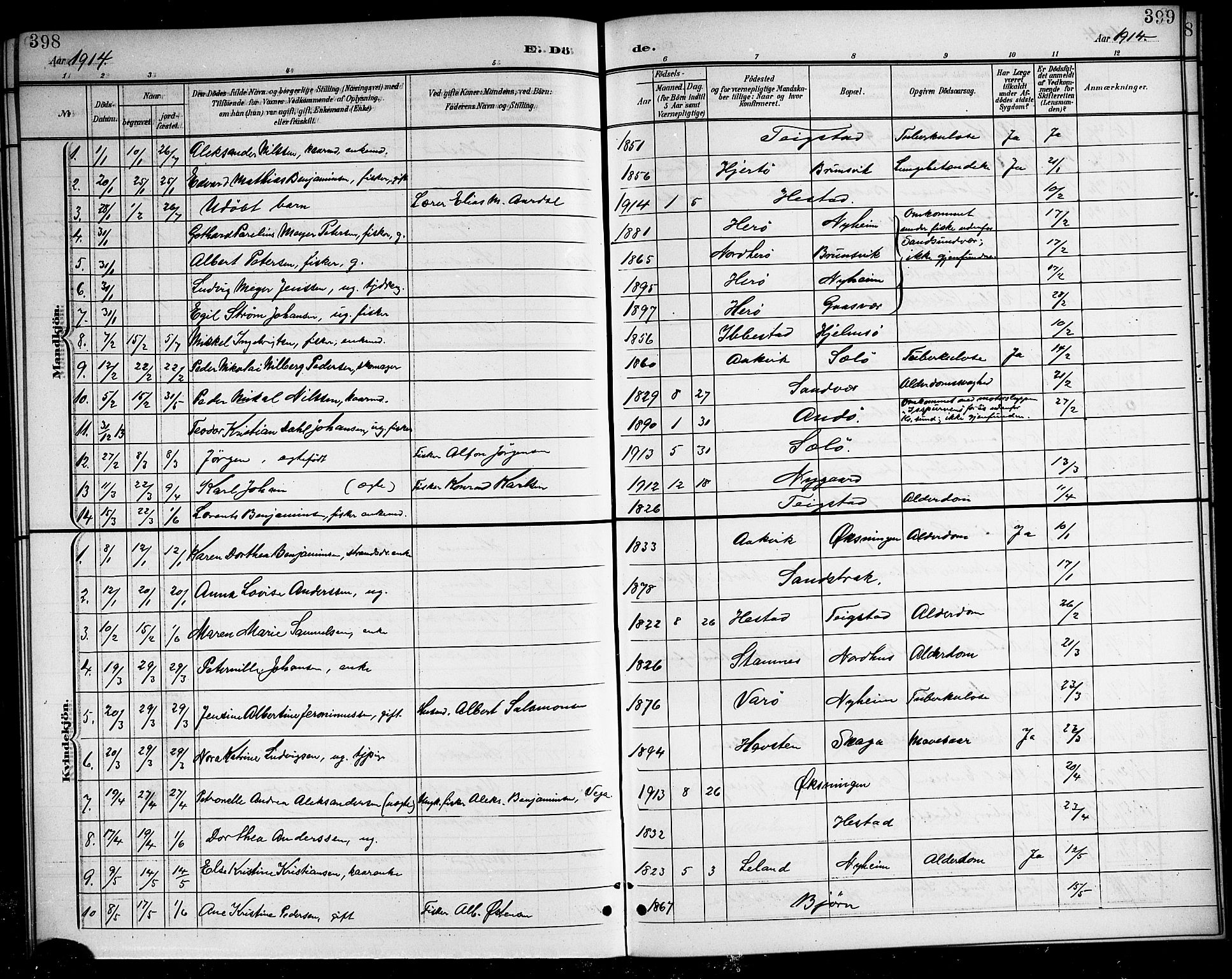 Ministerialprotokoller, klokkerbøker og fødselsregistre - Nordland, SAT/A-1459/834/L0516: Parish register (copy) no. 834C06, 1902-1918, p. 398-399