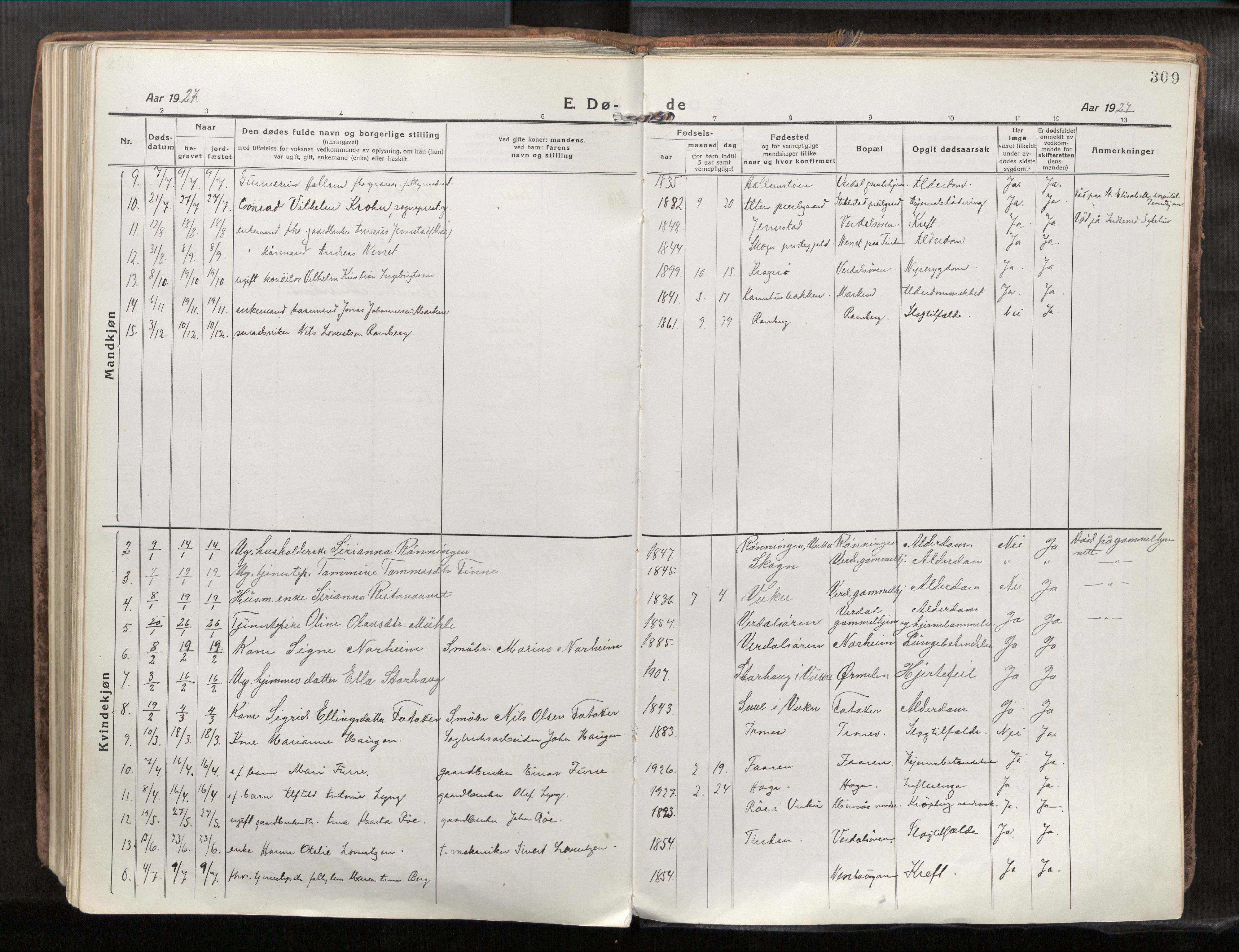 Verdal sokneprestkontor, SAT/A-1156/2/H/Haa/L0001: Parish register (official) no. 1, 1917-1932, p. 309