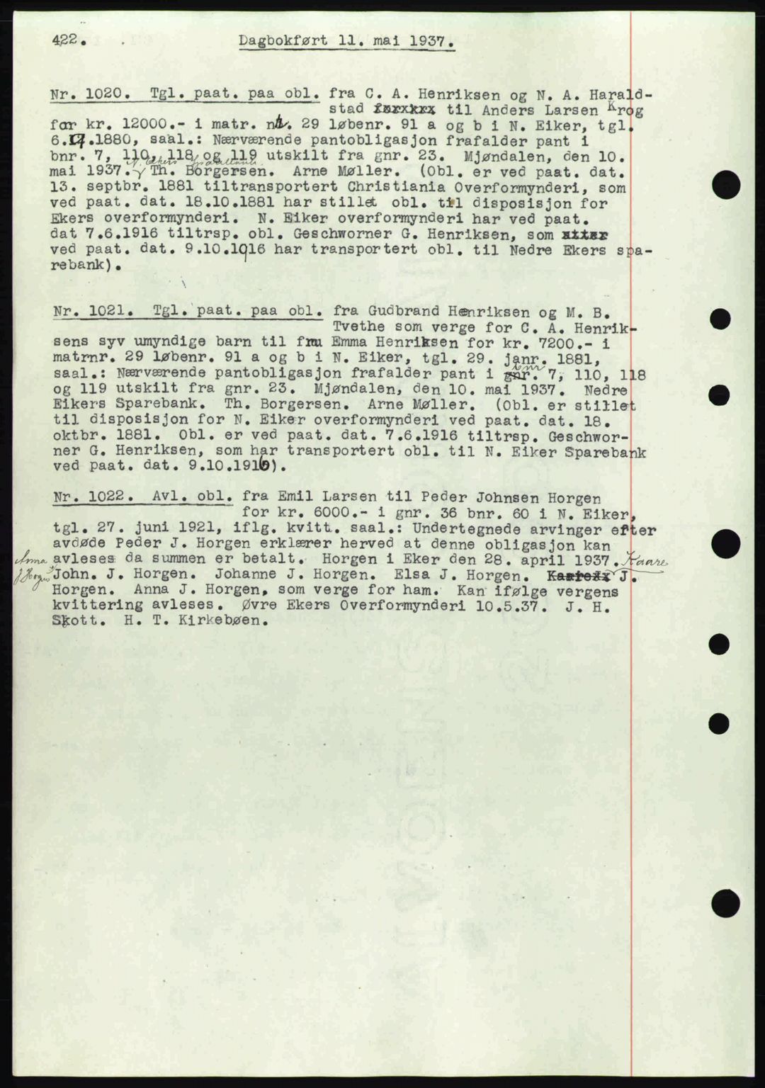 Eiker, Modum og Sigdal sorenskriveri, SAKO/A-123/G/Ga/Gab/L0035: Mortgage book no. A5, 1937-1937, Diary no: : 1020/1937