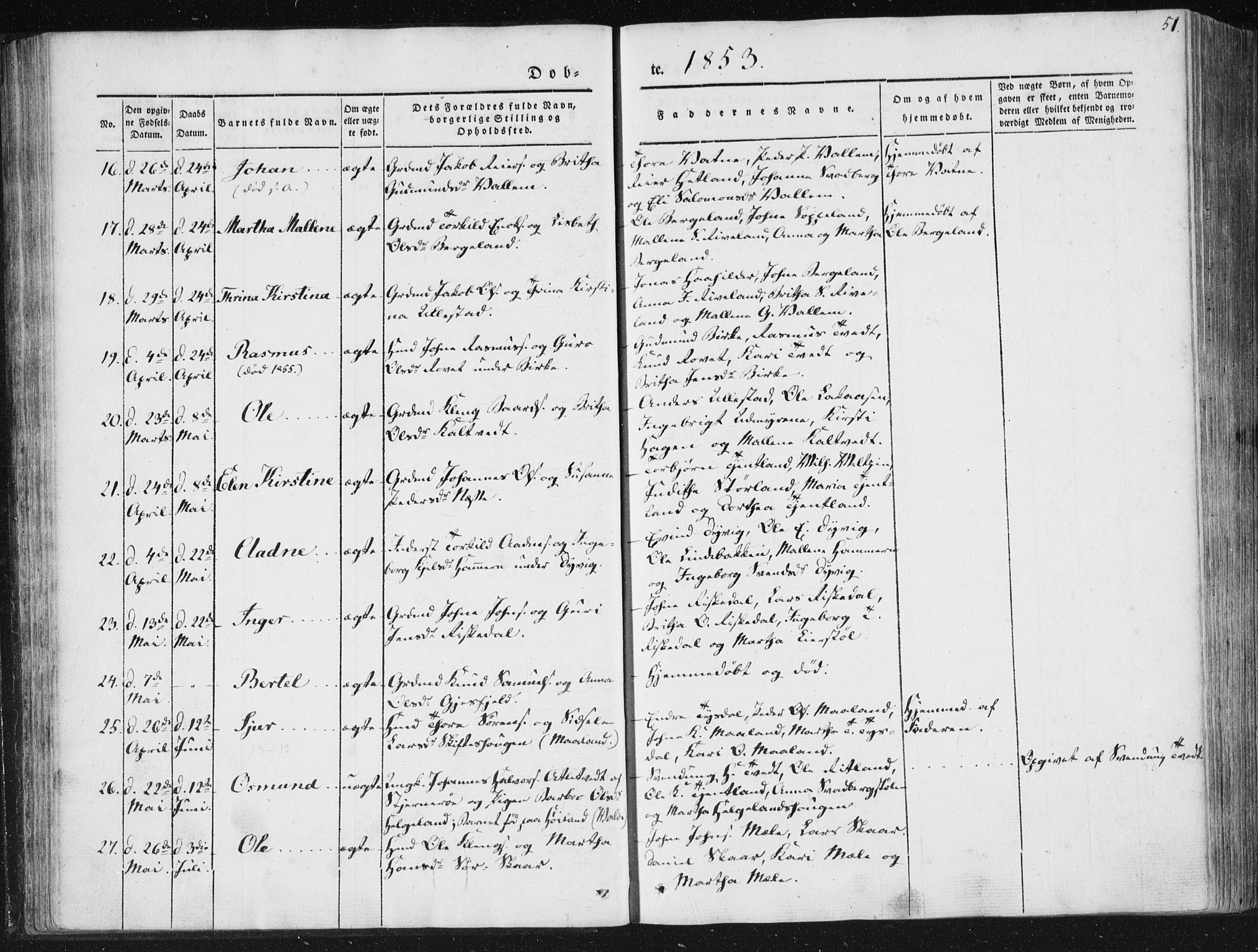 Hjelmeland sokneprestkontor, AV/SAST-A-101843/01/IV/L0008: Parish register (official) no. A 8, 1842-1861, p. 51