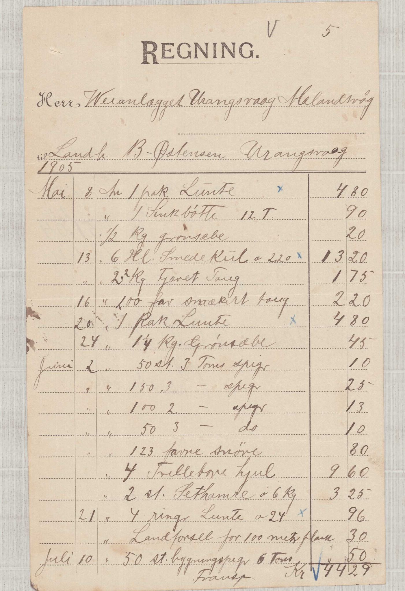 Finnaas kommune. Formannskapet, IKAH/1218a-021/E/Ea/L0002/0003: Rekneskap for veganlegg / Rekneskap for veganlegget Urangsvåg - Mælandsvåg, 1904-1905, p. 70