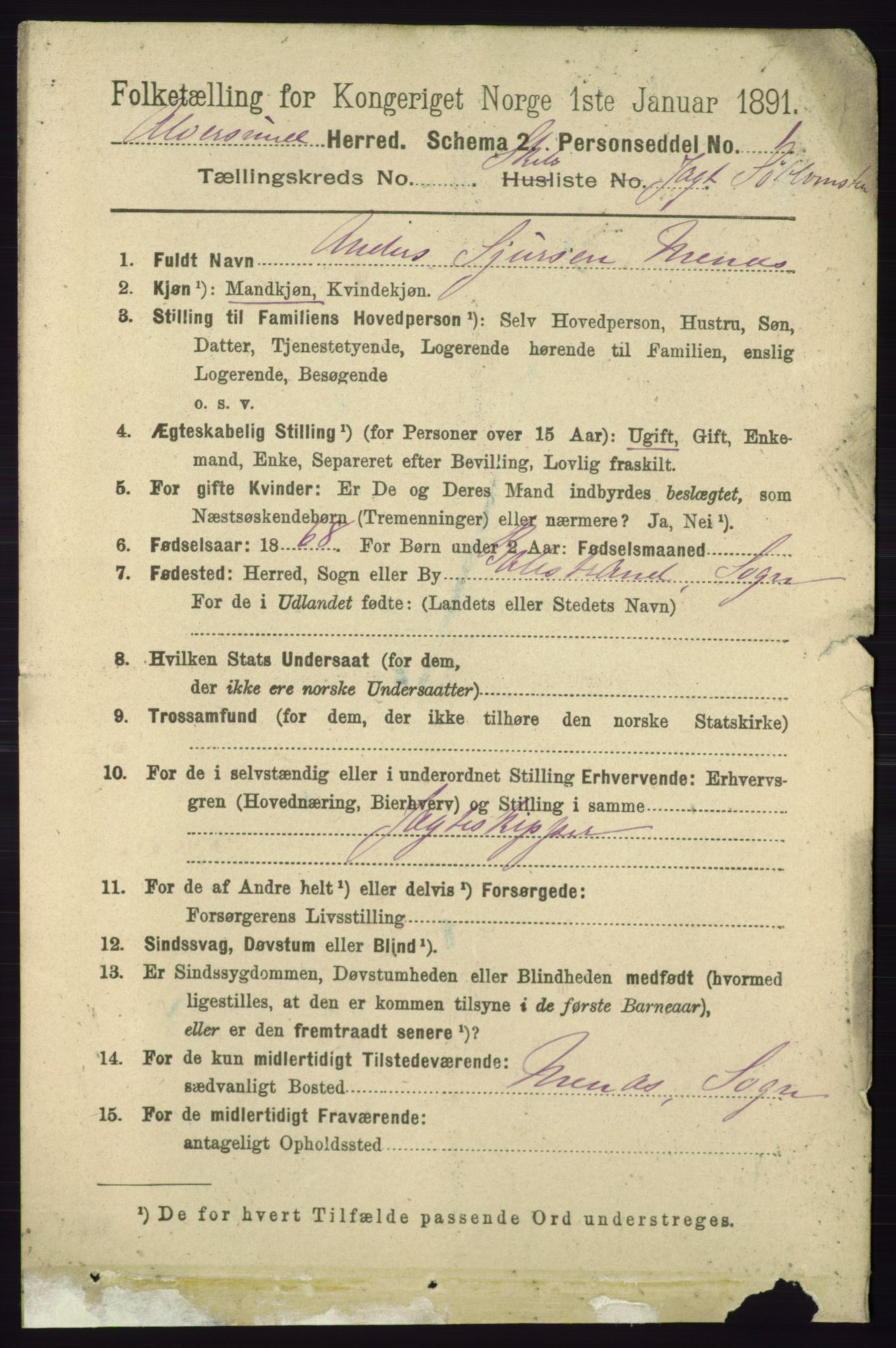 RA, 1891 census for 1257 Alversund, 1891, p. 3890