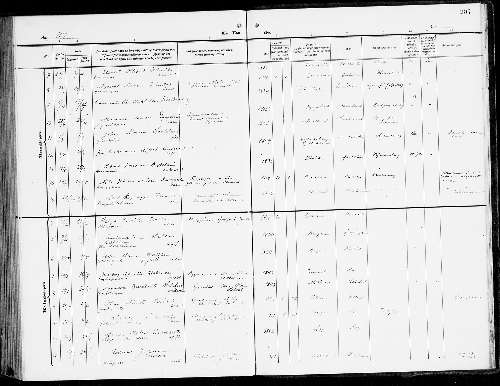 Fana Sokneprestembete, SAB/A-75101/H/Haa/Haai/L0004: Parish register (official) no. I 4, 1912-1933, p. 207