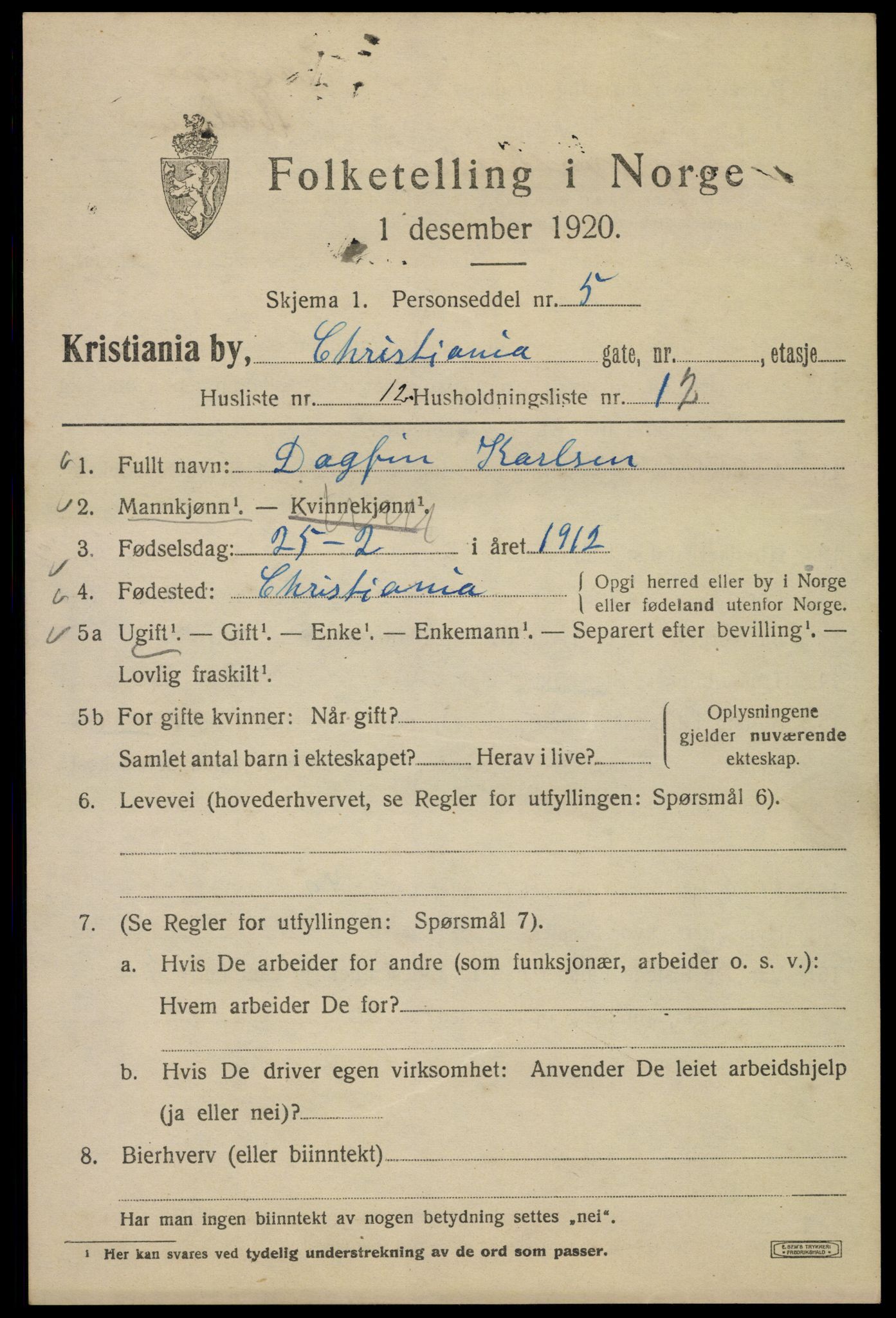 SAO, 1920 census for Kristiania, 1920, p. 463143