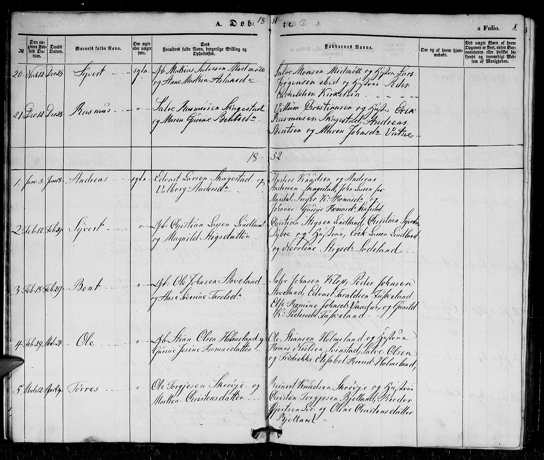 Holum sokneprestkontor, SAK/1111-0022/F/Fb/Fba/L0003: Parish register (copy) no. B 3, 1850-1866, p. 8
