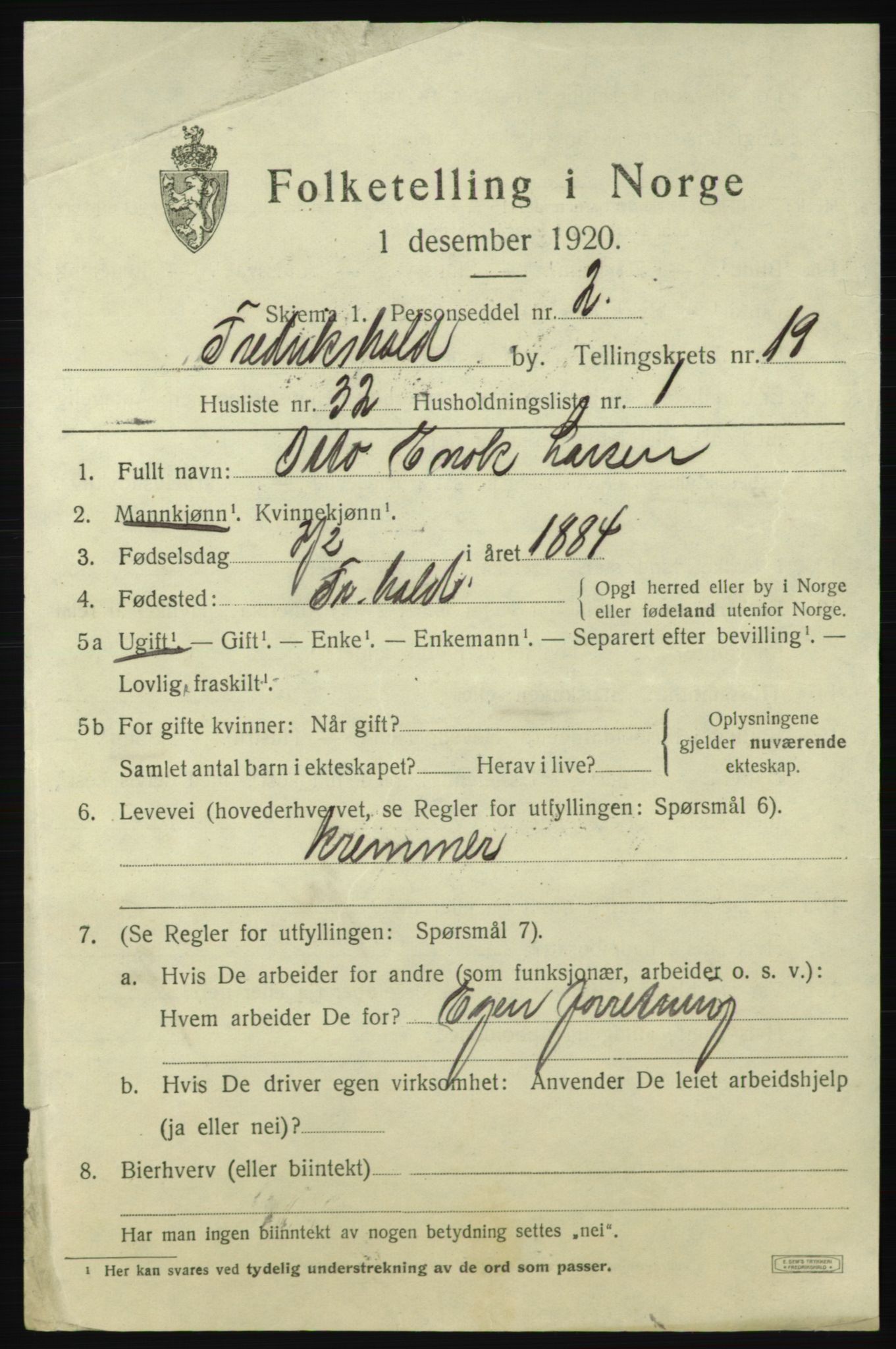 SAO, 1920 census for Fredrikshald, 1920, p. 29052