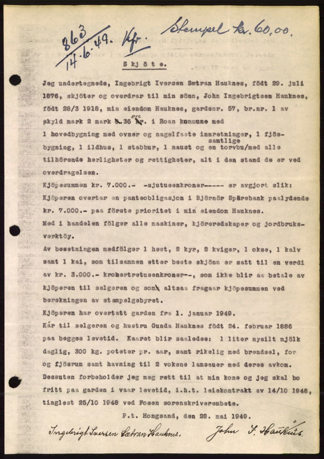 Fosen sorenskriveri, AV/SAT-A-1107/1/2/2C: Mortgage book no. A9, 1948-1949, Diary no: : 863/1949