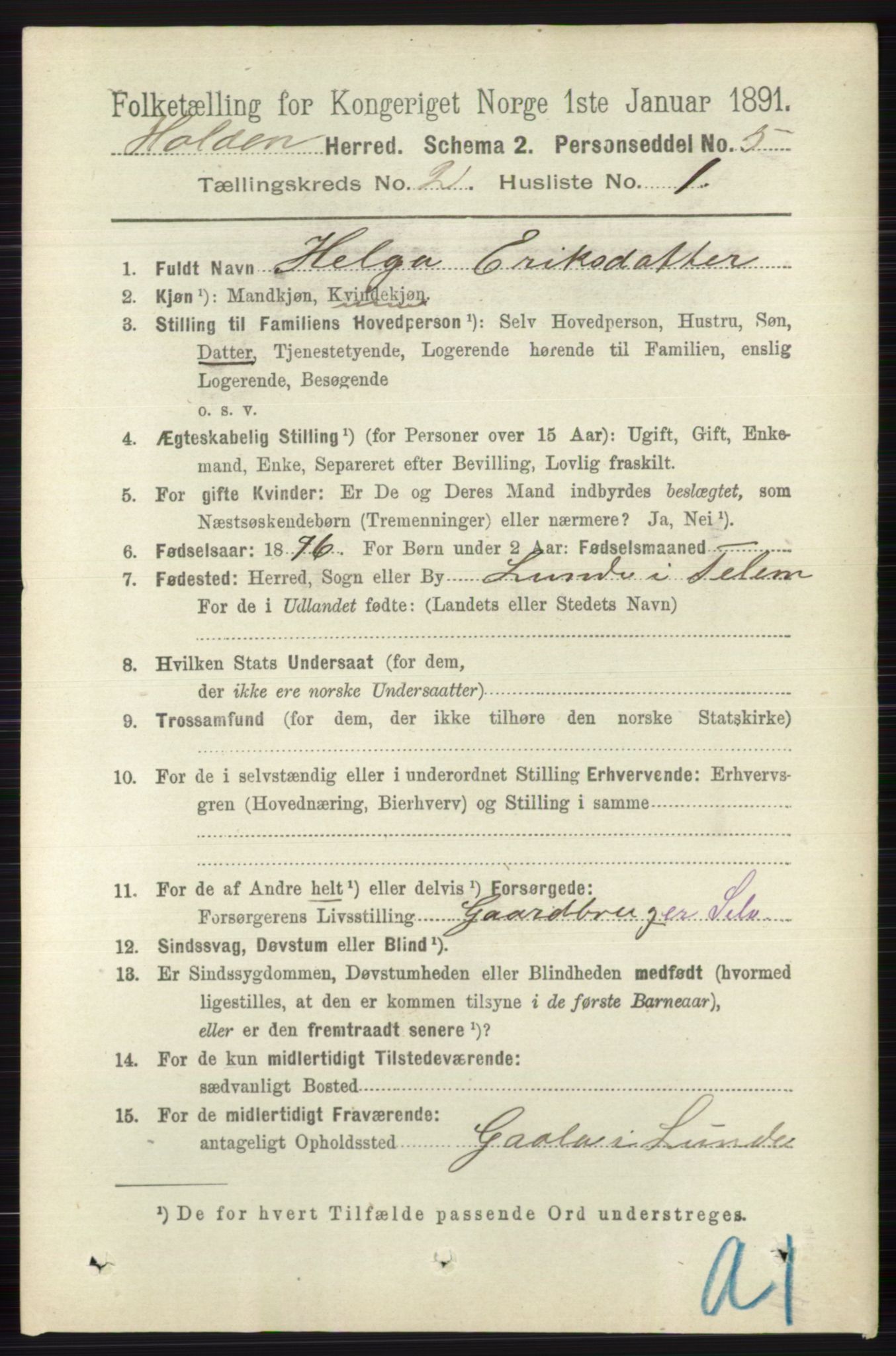 RA, 1891 census for 0819 Holla, 1891, p. 697