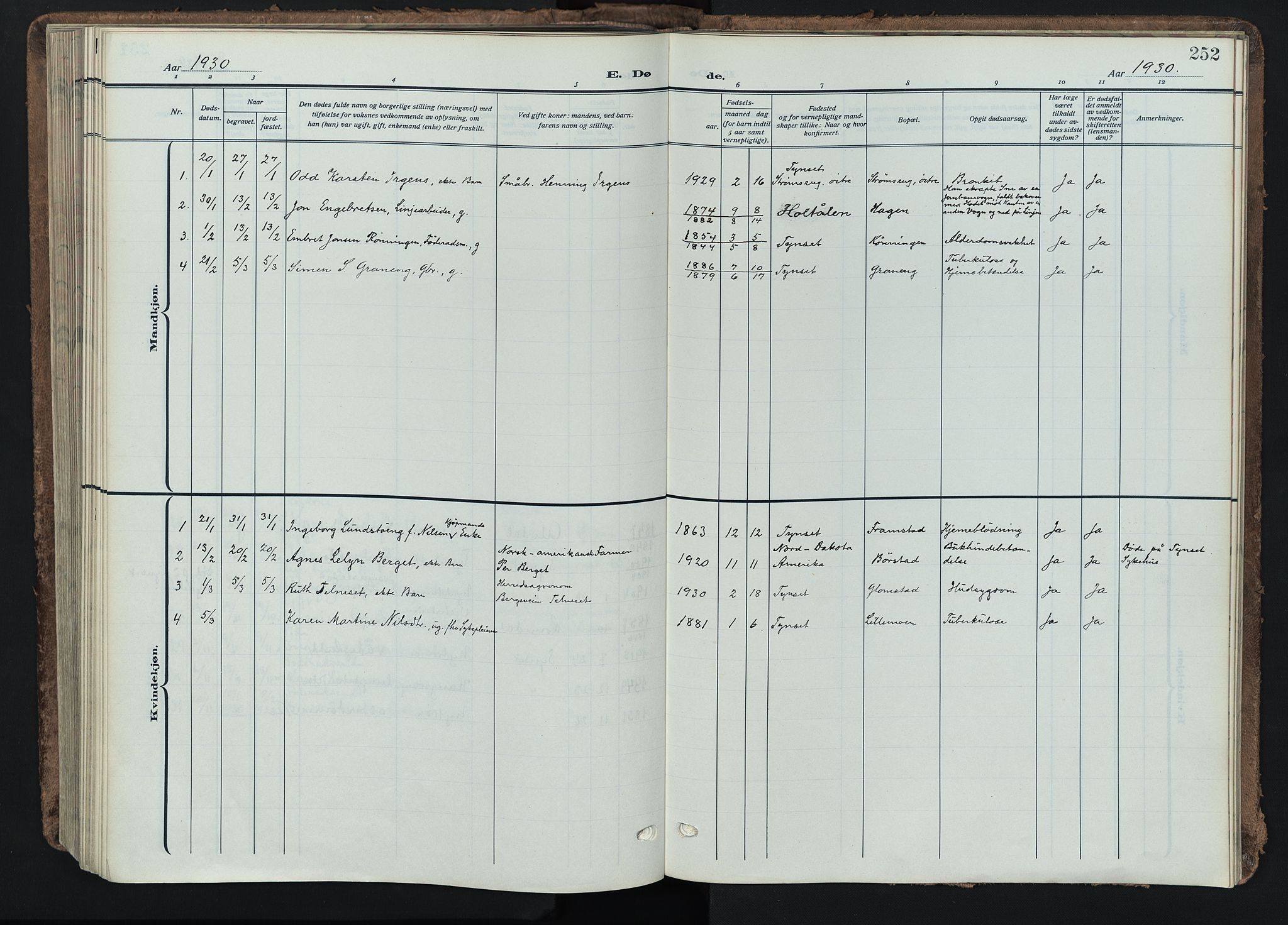 Tynset prestekontor, SAH/PREST-058/H/Ha/Haa/L0026: Parish register (official) no. 26, 1915-1929, p. 252