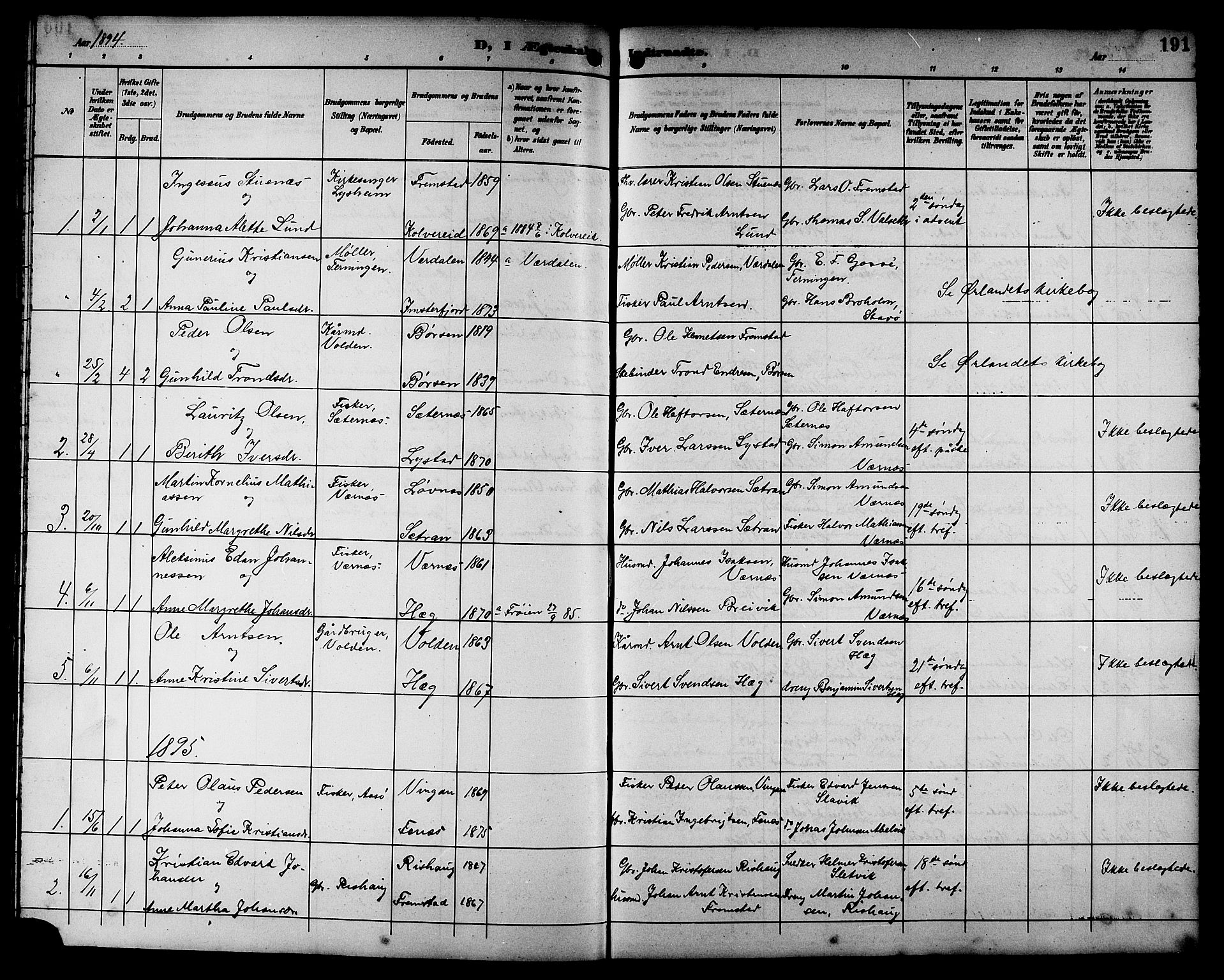 Ministerialprotokoller, klokkerbøker og fødselsregistre - Sør-Trøndelag, SAT/A-1456/662/L0757: Parish register (copy) no. 662C02, 1892-1918, p. 191
