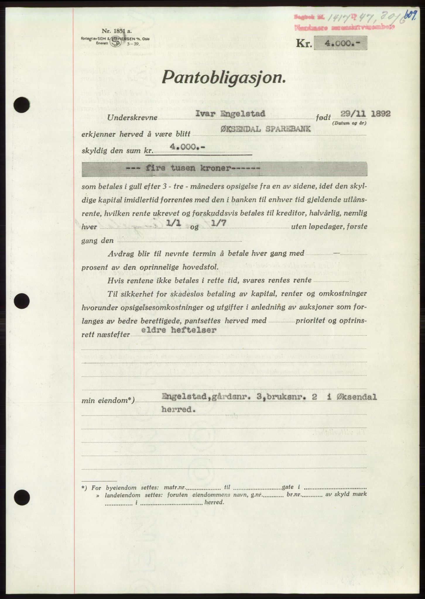 Nordmøre sorenskriveri, AV/SAT-A-4132/1/2/2Ca: Mortgage book no. B96, 1947-1947, Diary no: : 1417/1947