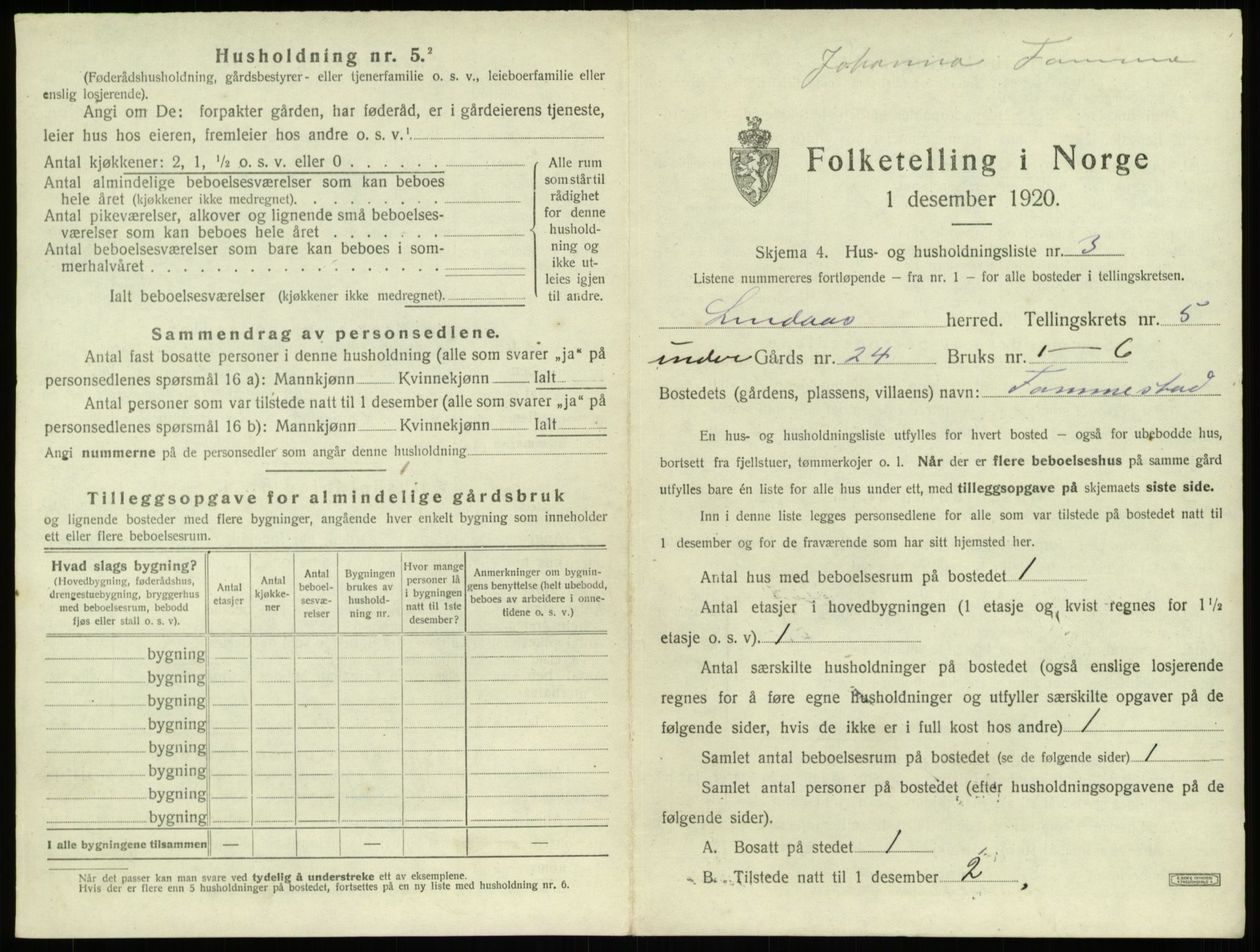 SAB, 1920 census for Lindås, 1920, p. 289