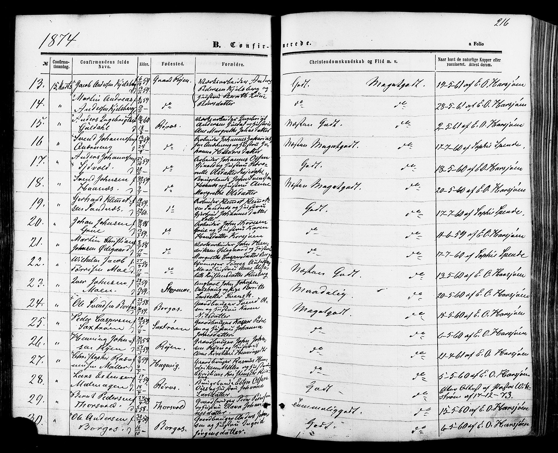 Ministerialprotokoller, klokkerbøker og fødselsregistre - Sør-Trøndelag, SAT/A-1456/681/L0932: Parish register (official) no. 681A10, 1860-1878, p. 216