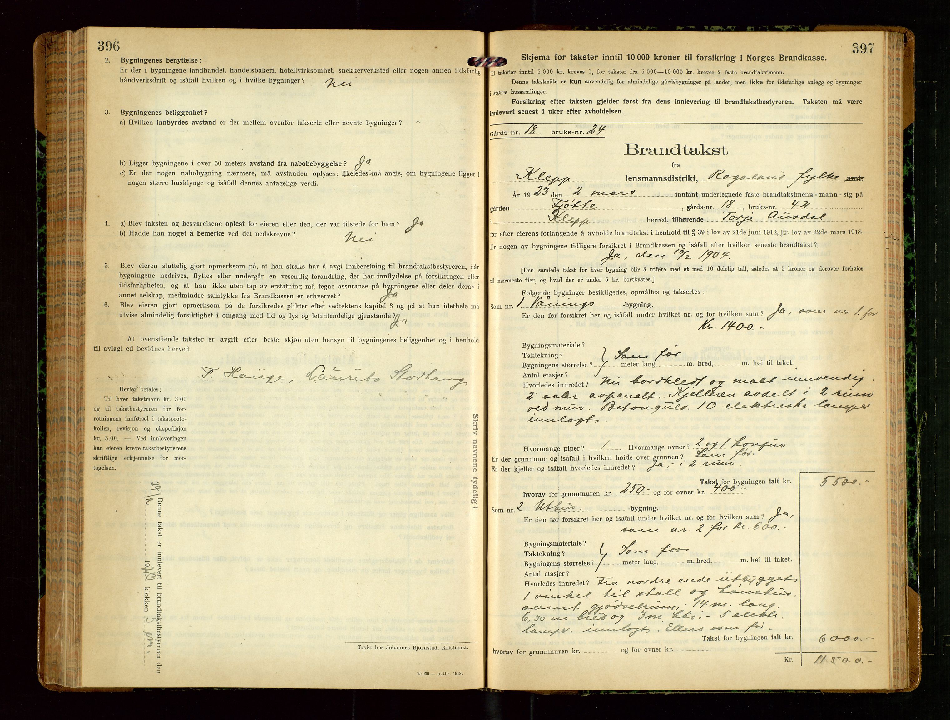 Klepp lensmannskontor, SAST/A-100163/Goc/L0010: "Brandtakstprotokoll" m/register, 1919-1924, p. 396-397