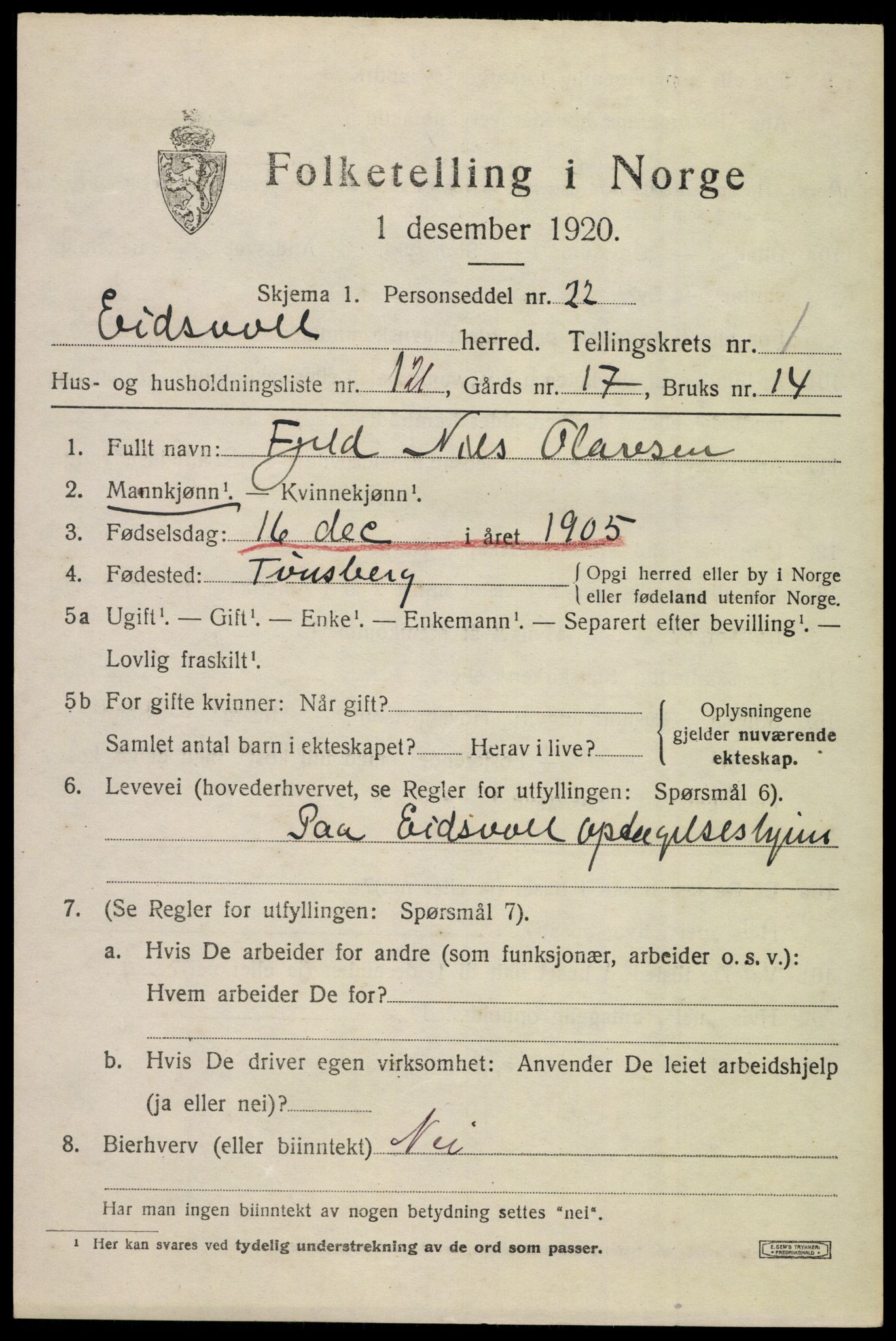 SAO, 1920 census for Eidsvoll, 1920, p. 5123