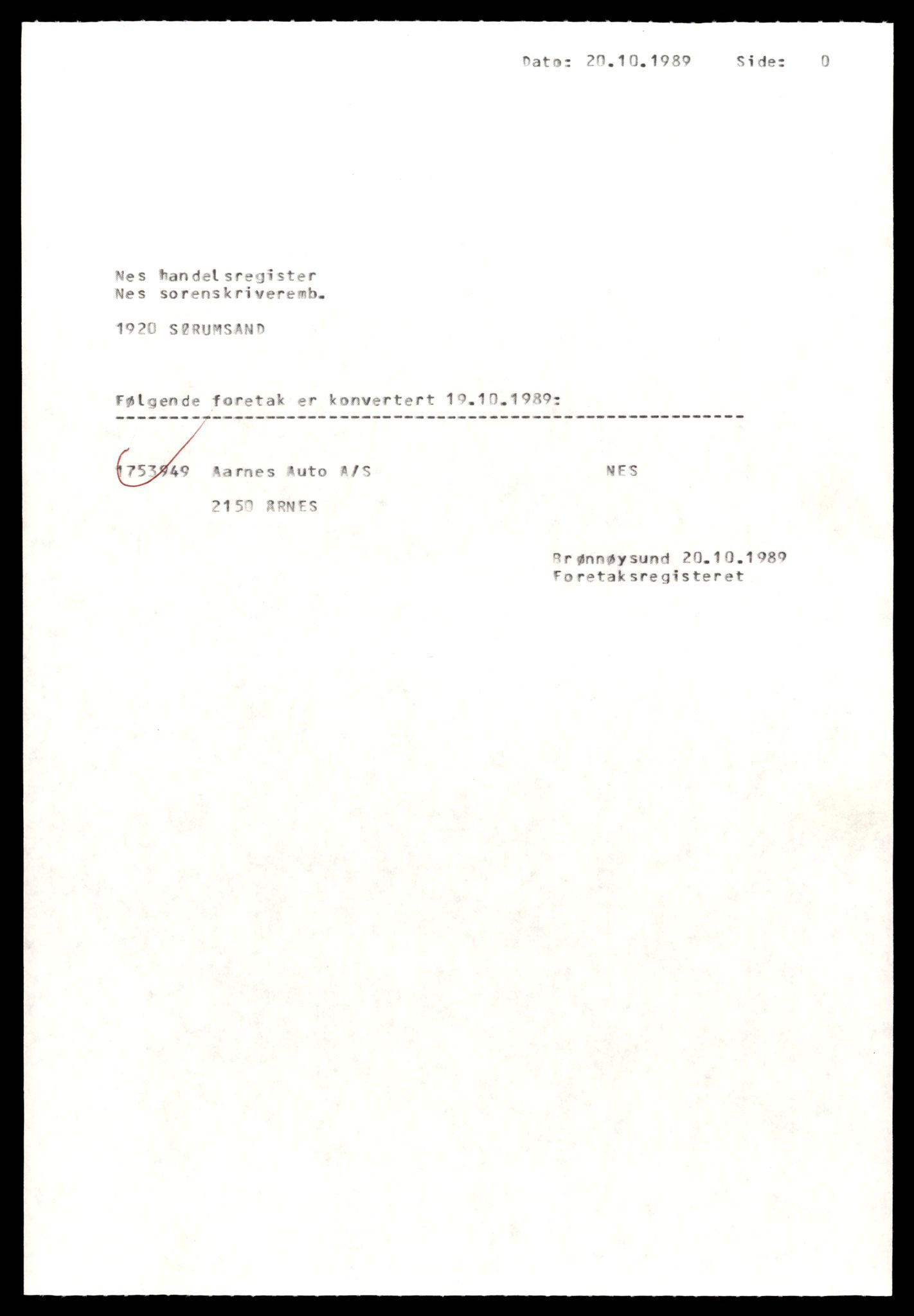 Nes tingrett, SAT/A-10548/K/Ke/Keb/L0023: Aksjeselskap, Årn - Åse, 1944-1990, p. 1