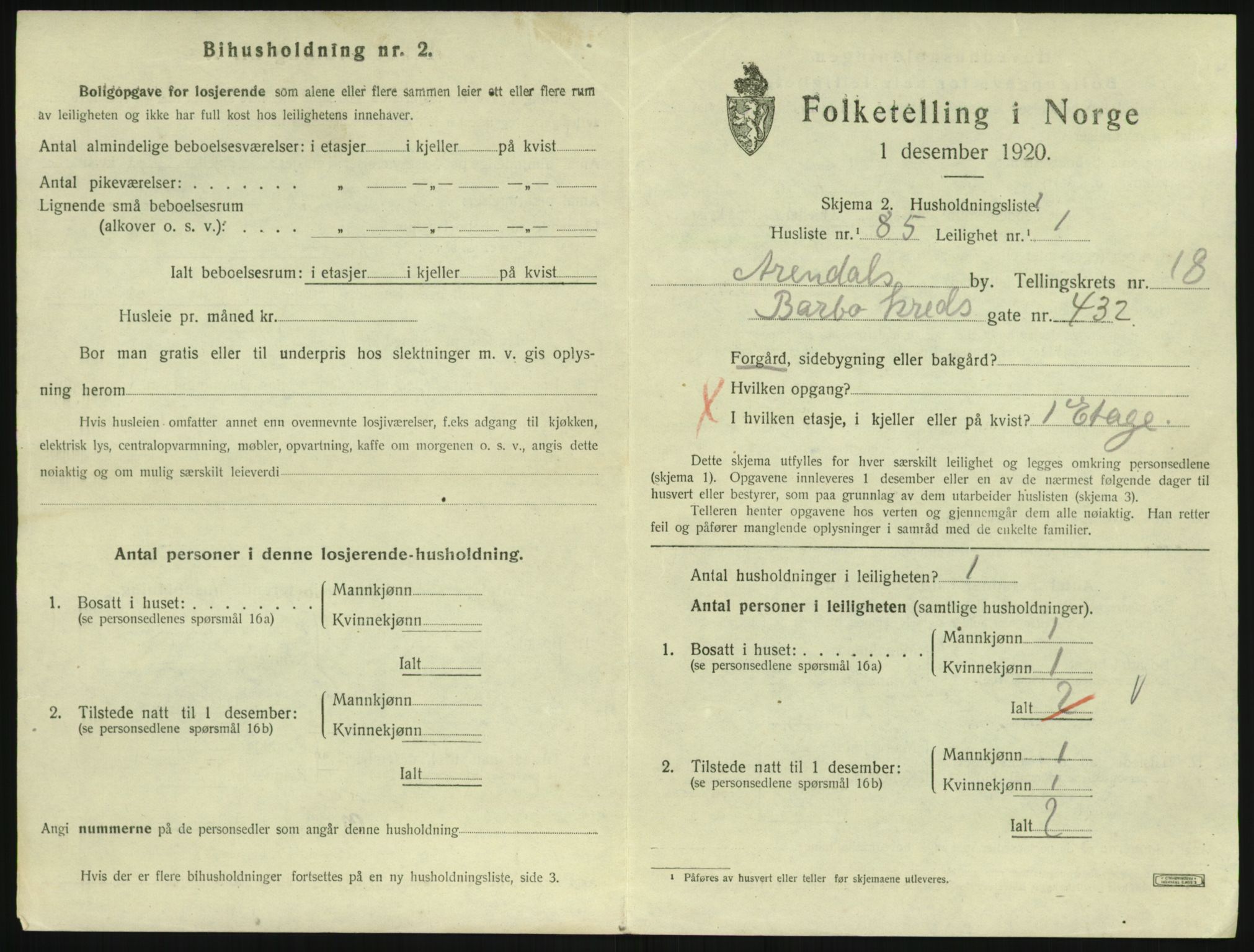 SAK, 1920 census for Arendal, 1920, p. 8086