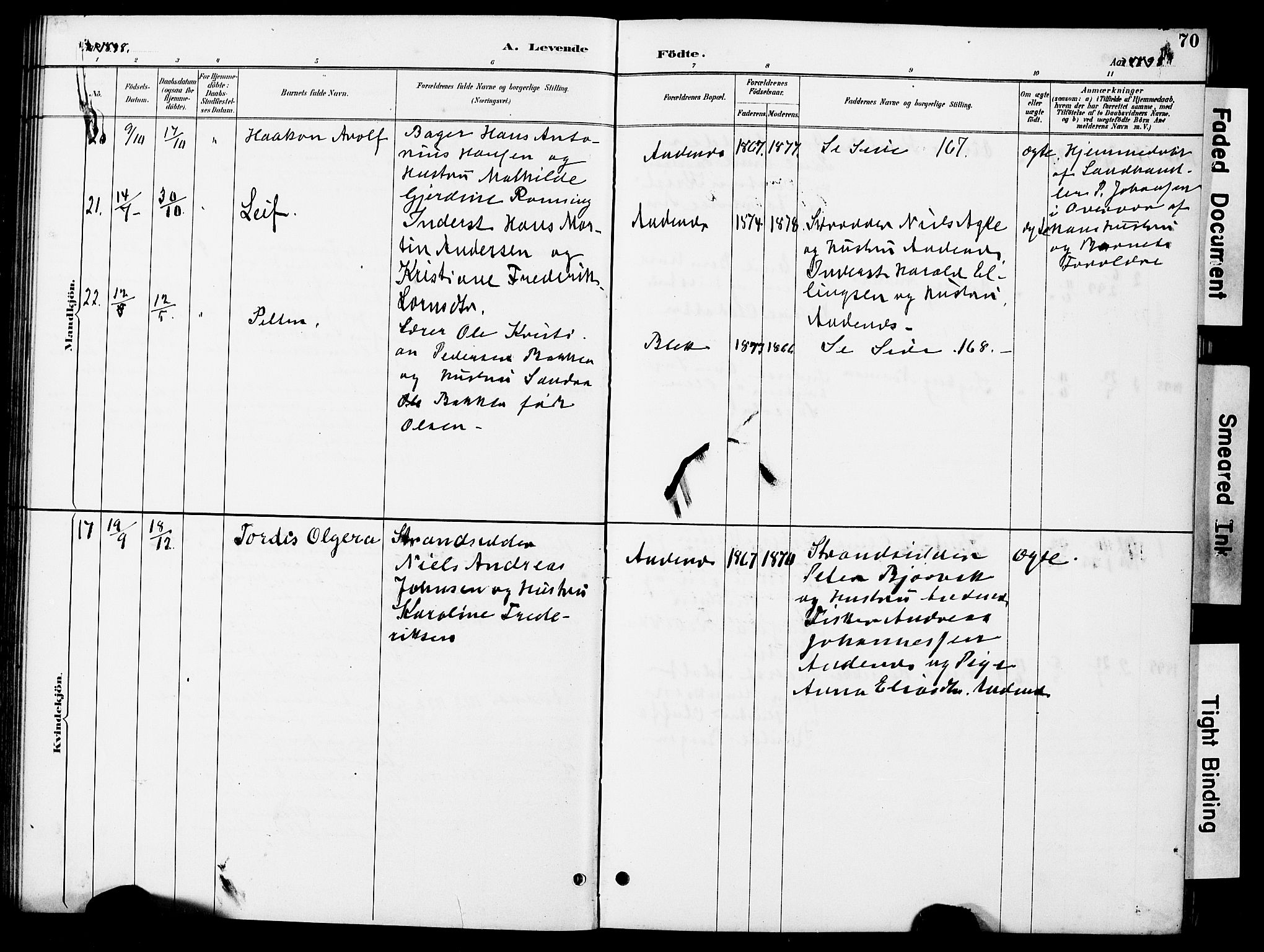 Ministerialprotokoller, klokkerbøker og fødselsregistre - Nordland, AV/SAT-A-1459/899/L1448: Parish register (copy) no. 899C03, 1887-1902, p. 70