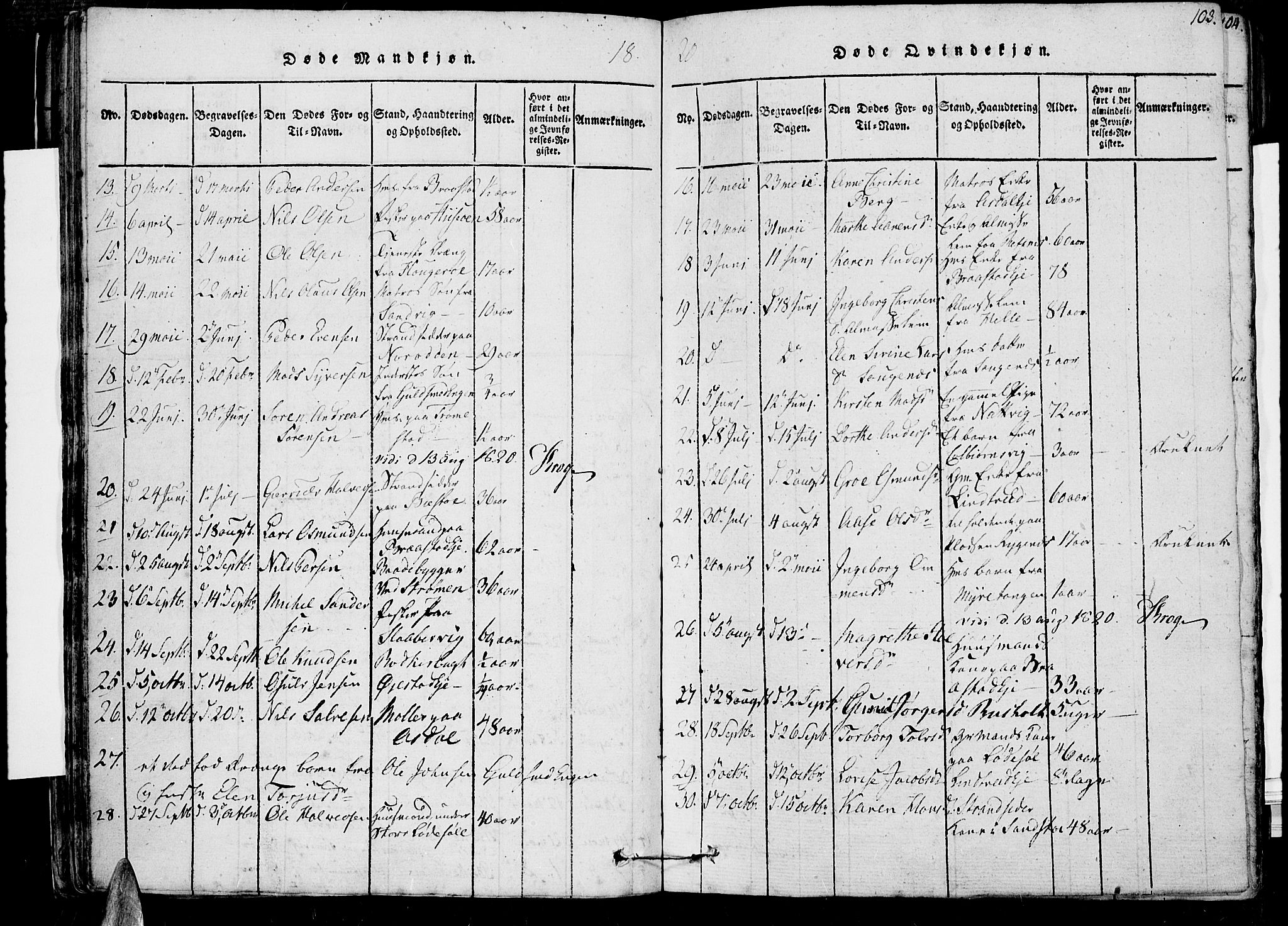 Øyestad sokneprestkontor, AV/SAK-1111-0049/F/Fb/L0003: Parish register (copy) no. B 3, 1816-1827, p. 103