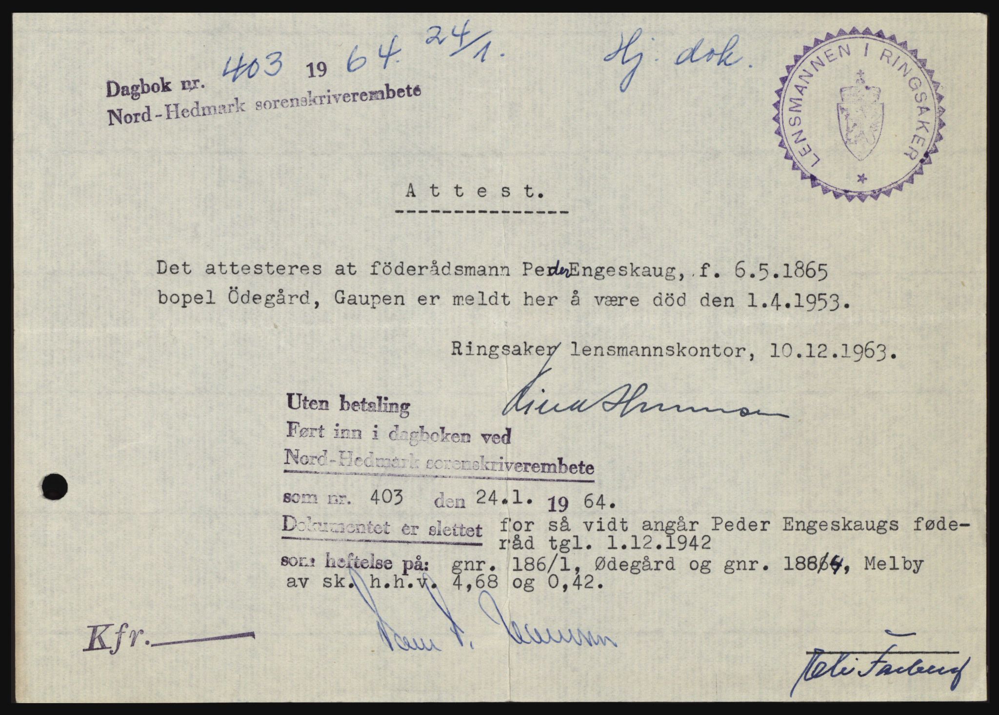 Nord-Hedmark sorenskriveri, SAH/TING-012/H/Hc/L0019: Mortgage book no. 19, 1963-1964, Diary no: : 403/1964