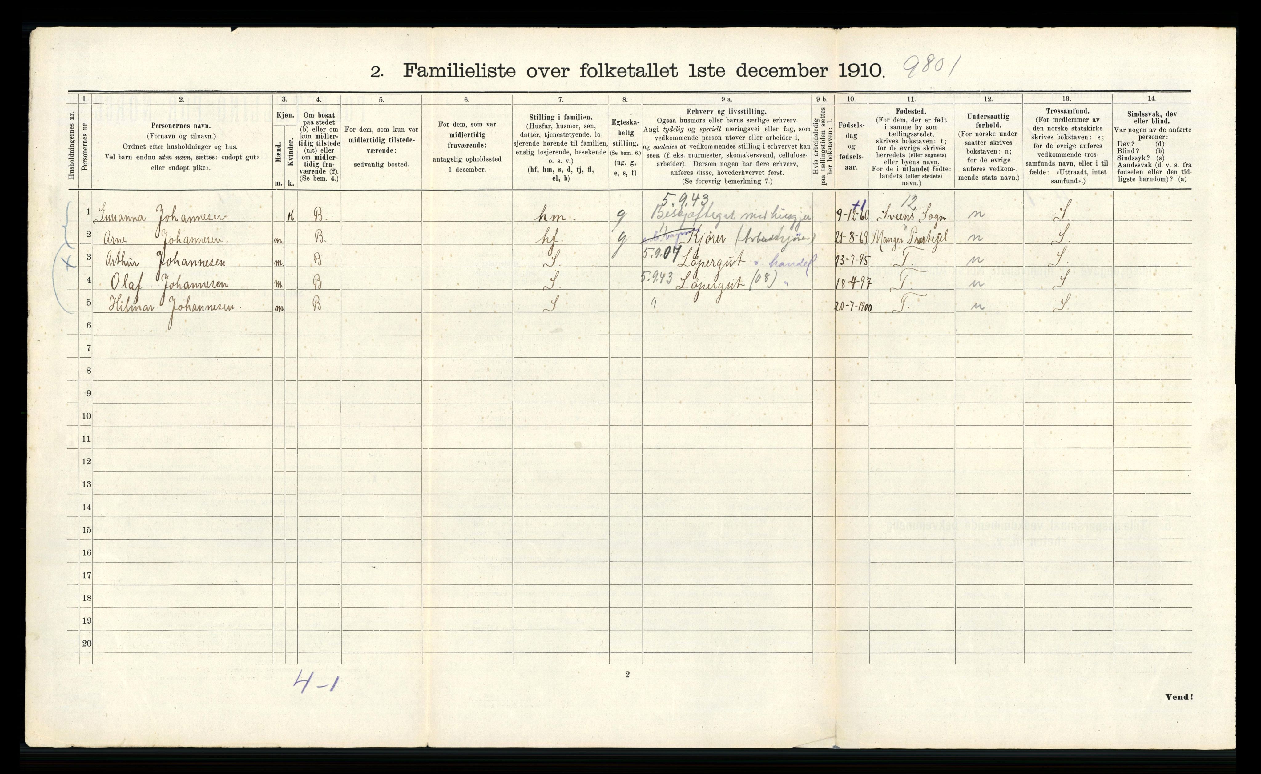 RA, 1910 census for Bergen, 1910, p. 2280