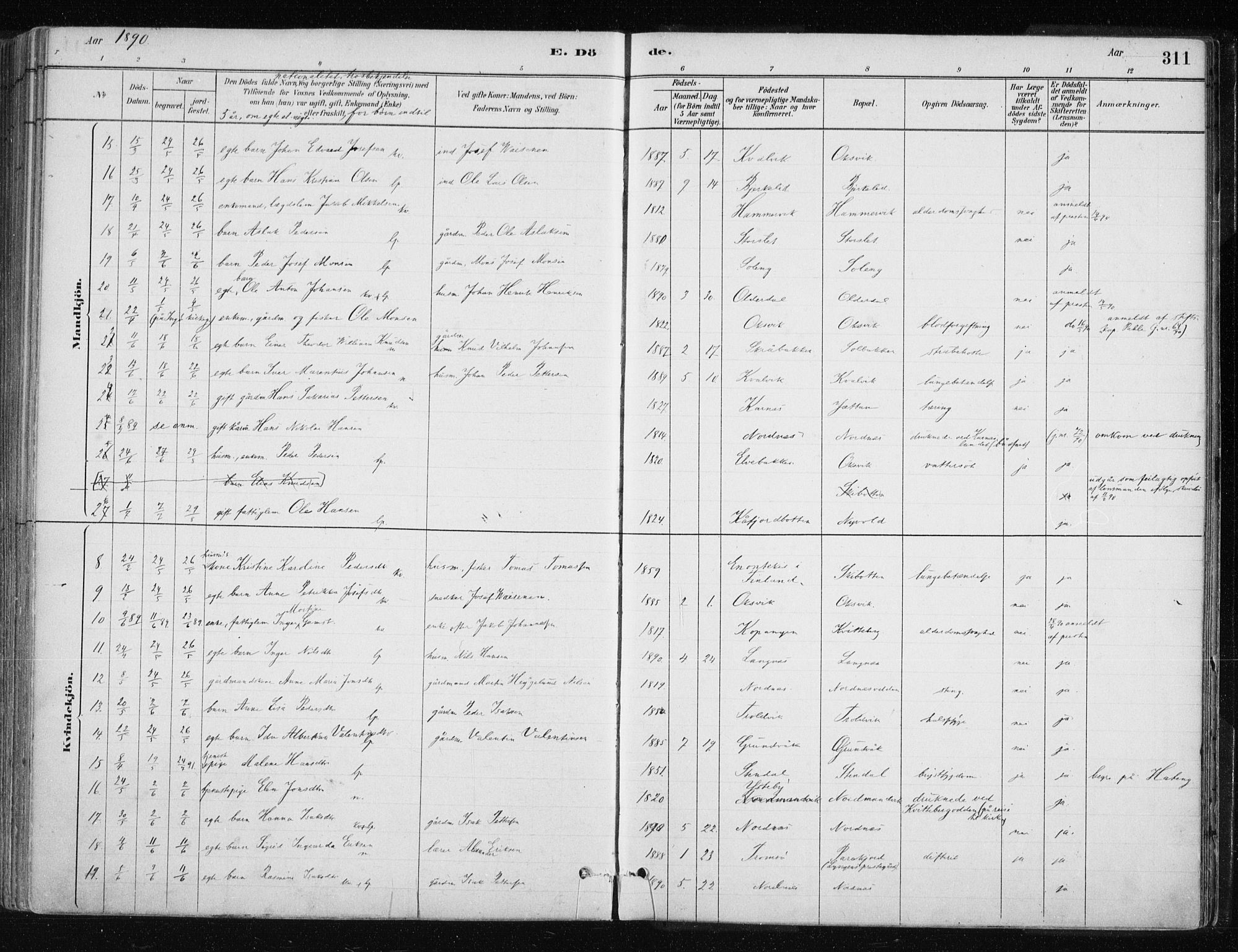 Lyngen sokneprestembete, SATØ/S-1289/H/He/Hea/L0007kirke: Parish register (official) no. 7, 1879-1890, p. 311