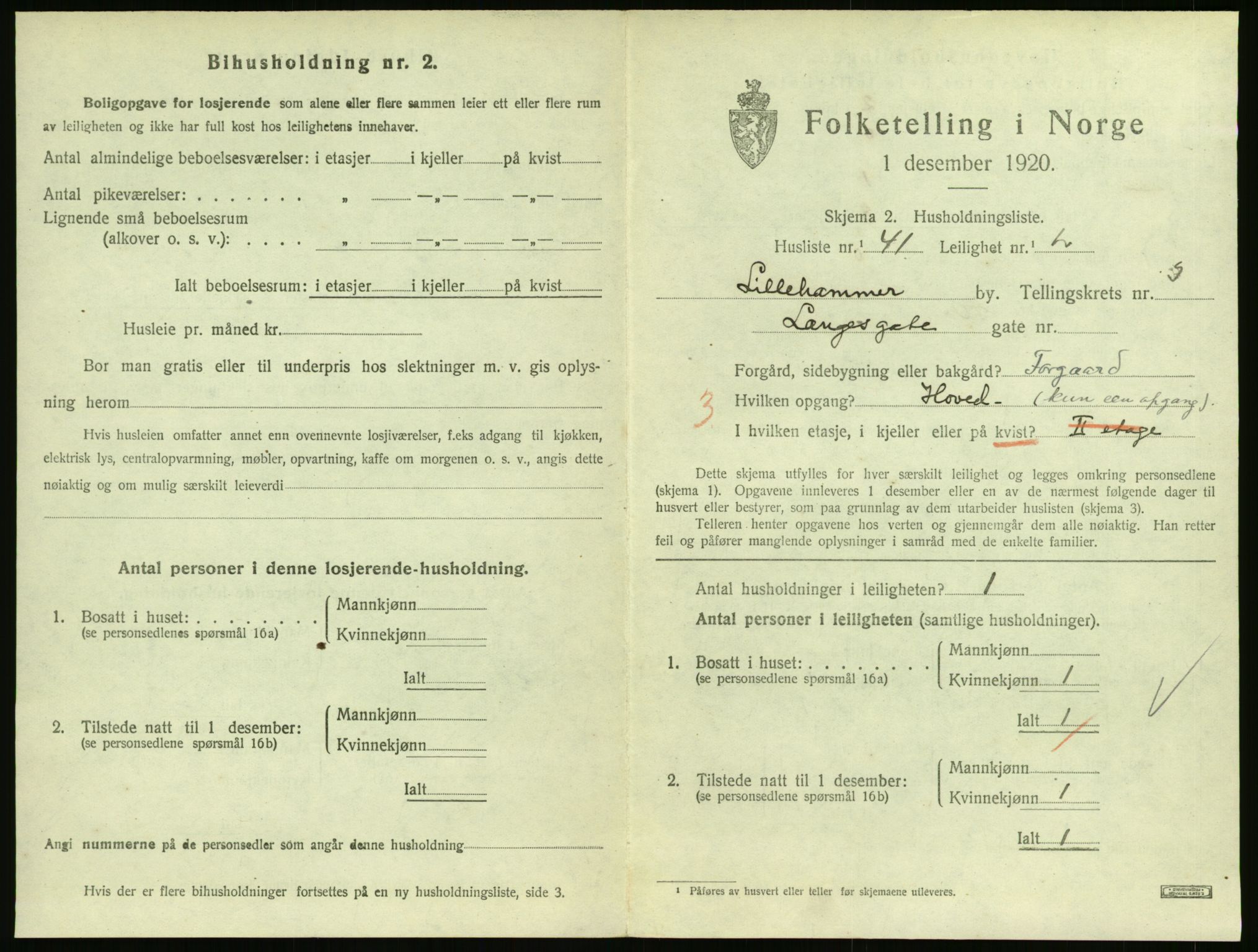 SAH, 1920 census for Lillehammer, 1920, p. 1890