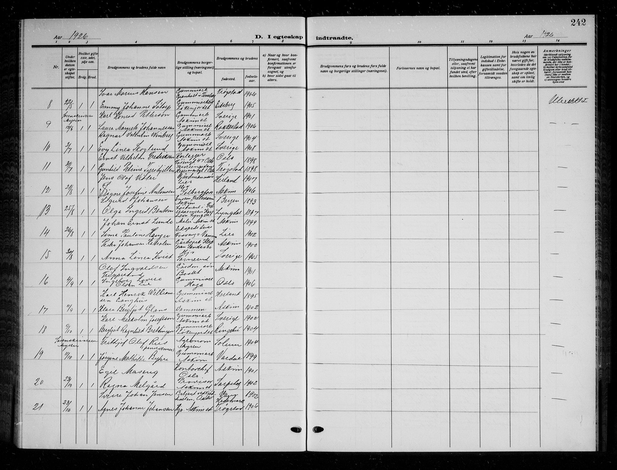 Askim prestekontor Kirkebøker, AV/SAO-A-10900/G/Ga/L0003: Parish register (copy) no. 3, 1921-1937, p. 242