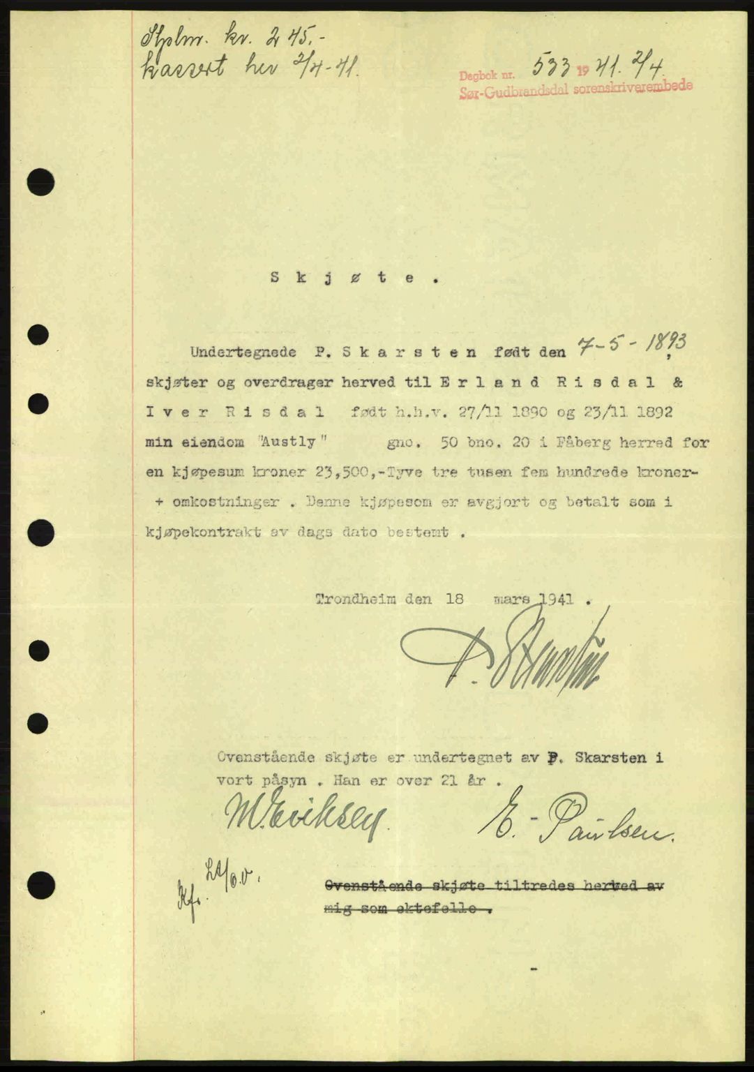 Sør-Gudbrandsdal tingrett, AV/SAH-TING-004/H/Hb/Hbd/L0008: Mortgage book no. A8, 1940-1941, Diary no: : 533/1941