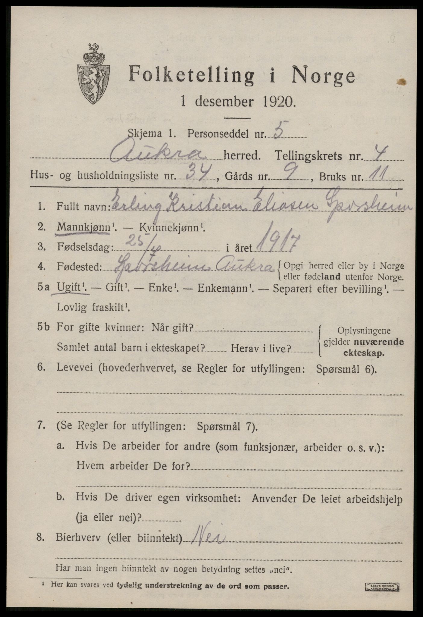 SAT, 1920 census for Aukra, 1920, p. 3187