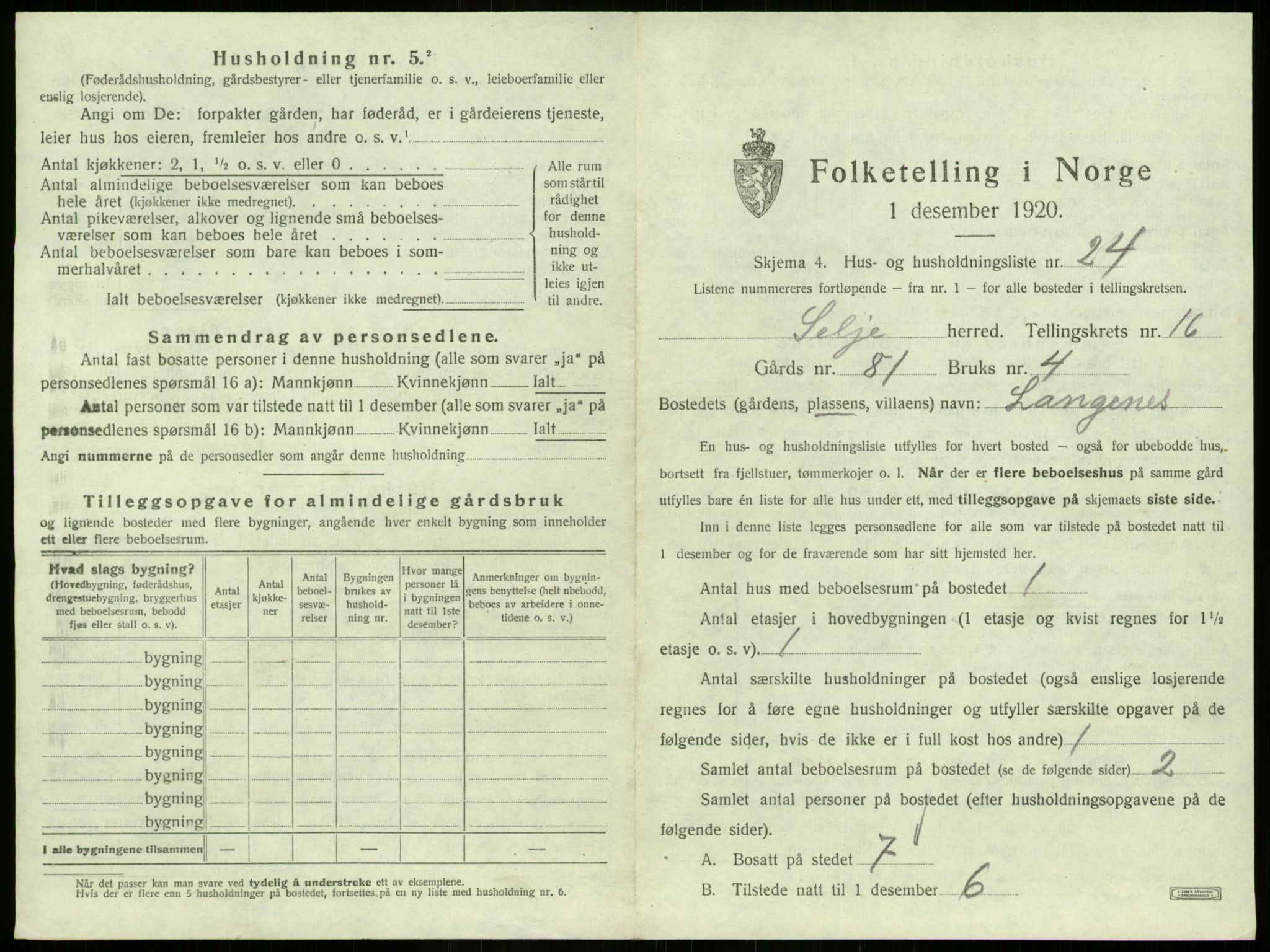SAB, 1920 census for Selje, 1920, p. 1026