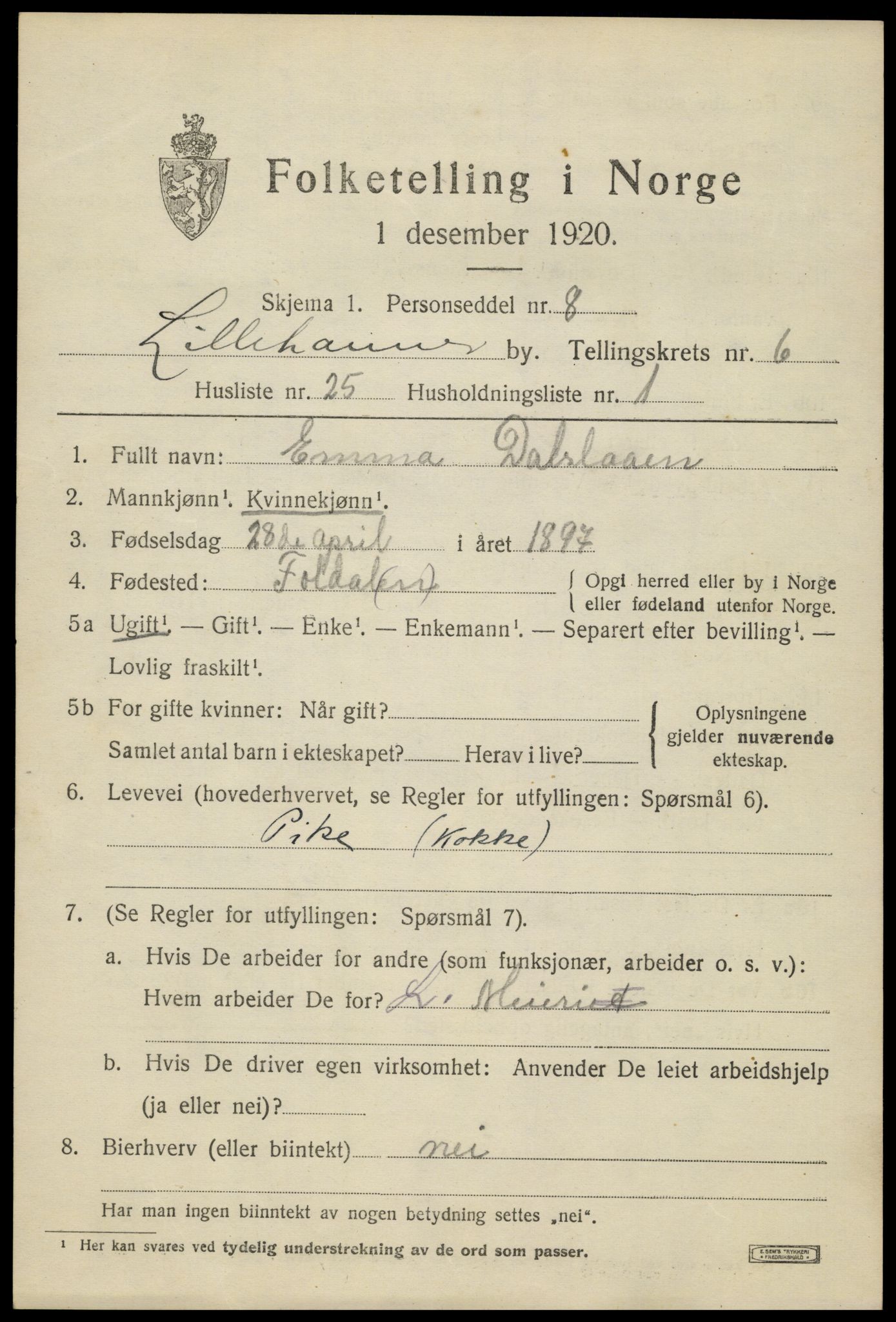 SAH, 1920 census for Lillehammer, 1920, p. 8604